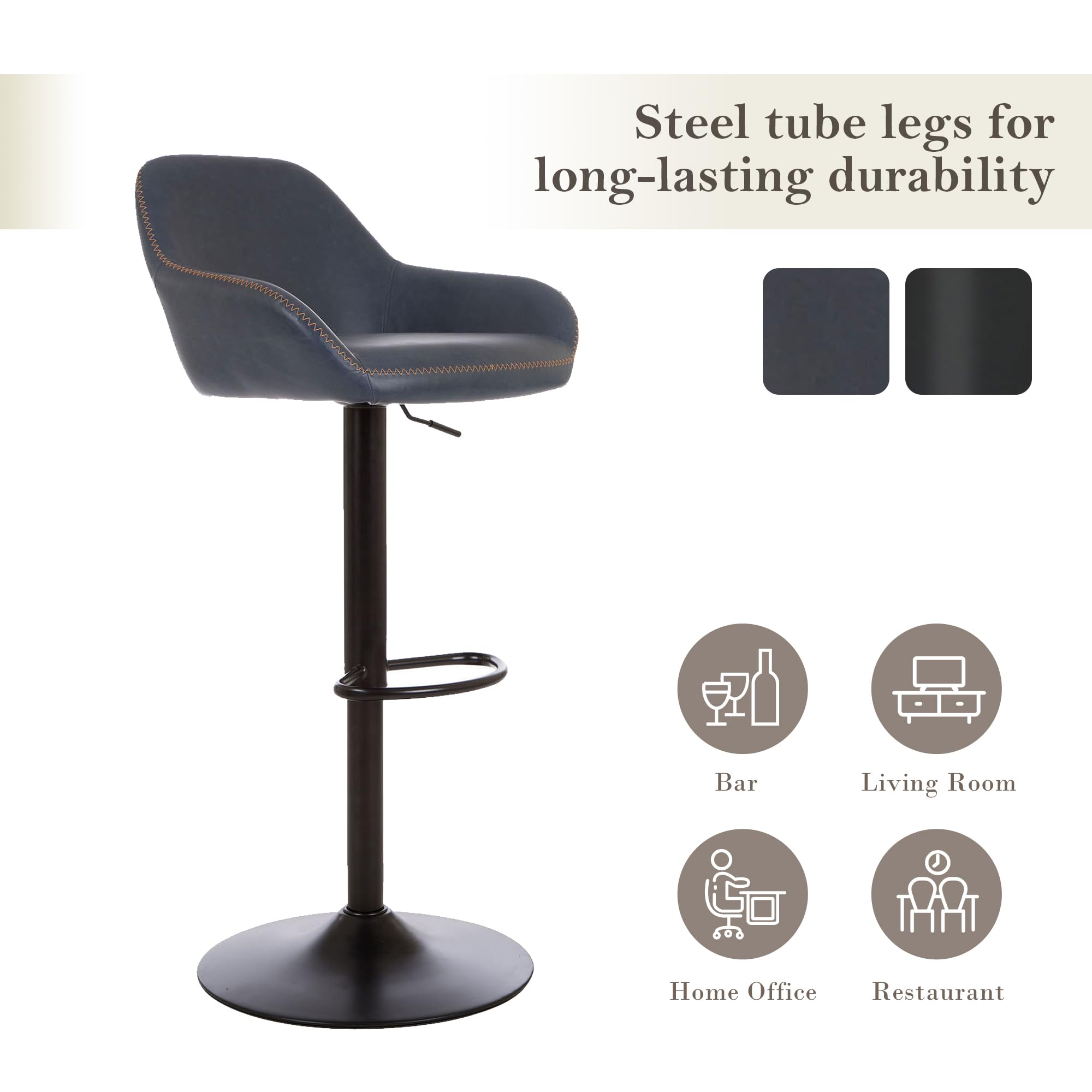 Glitzhome Bar Stools Set of 3, Adjustable Counter Height Bar Chairs with Back Support and Footrest, PU Leather Upholstered Swivel Bar Stools for Kitchen Island Dining Room Pub Home Bar, Navy Blue