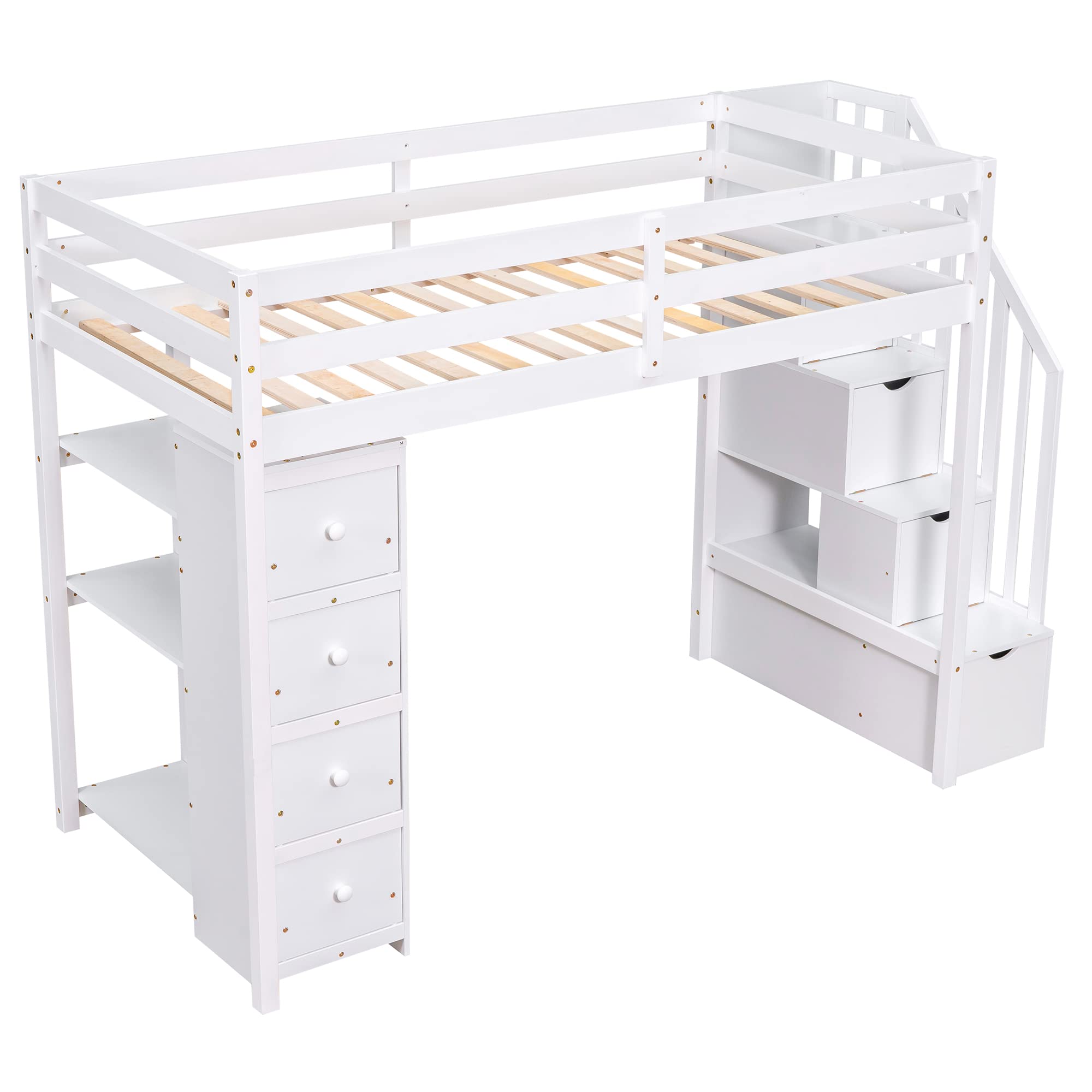 Merax Twin-Size Loft Bed with Storage Drawers and Stairs, Wooden Loft Bed with Shelves for Teens, White
