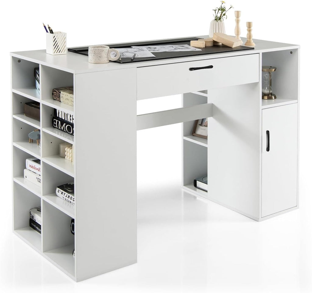 LDAILY Sewing Machine Table, Sewing Desk with Storage, Drafting Writing Sewing Station with Storage Cubes,1 Cabinet, 1 Drawer, 2 Adjustable Shelves, Artwork Craft Table for Home Office, White