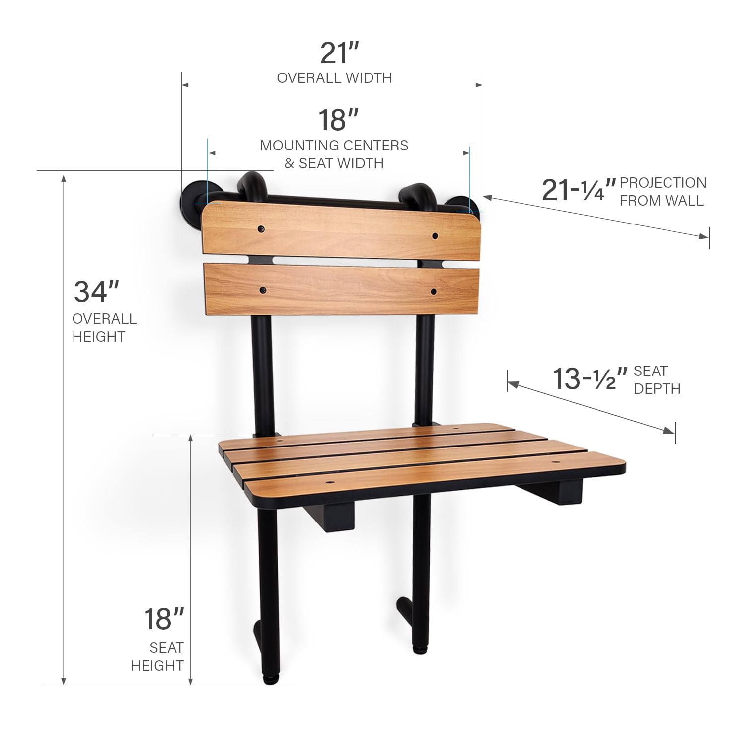 Seachrome Profile Folding Shower Seat with 18 inch Grab Bar, Removable Hanging Bench with Backrest & Legs, Teak Phenolic Seat, Black Semi-Gloss Grab Bar