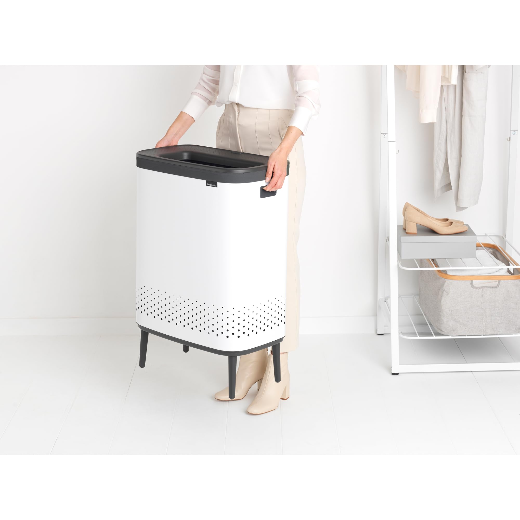 Brabantia Bo Laundry Hamper Hi (White) 2 Compartment Removable Laundry Bag 2 x 12 Gal, Ventilated Stylish Dirty Clothes Holder, Flat Back, Off-the Ground, Anti-Rust Materials for Bathroom Use