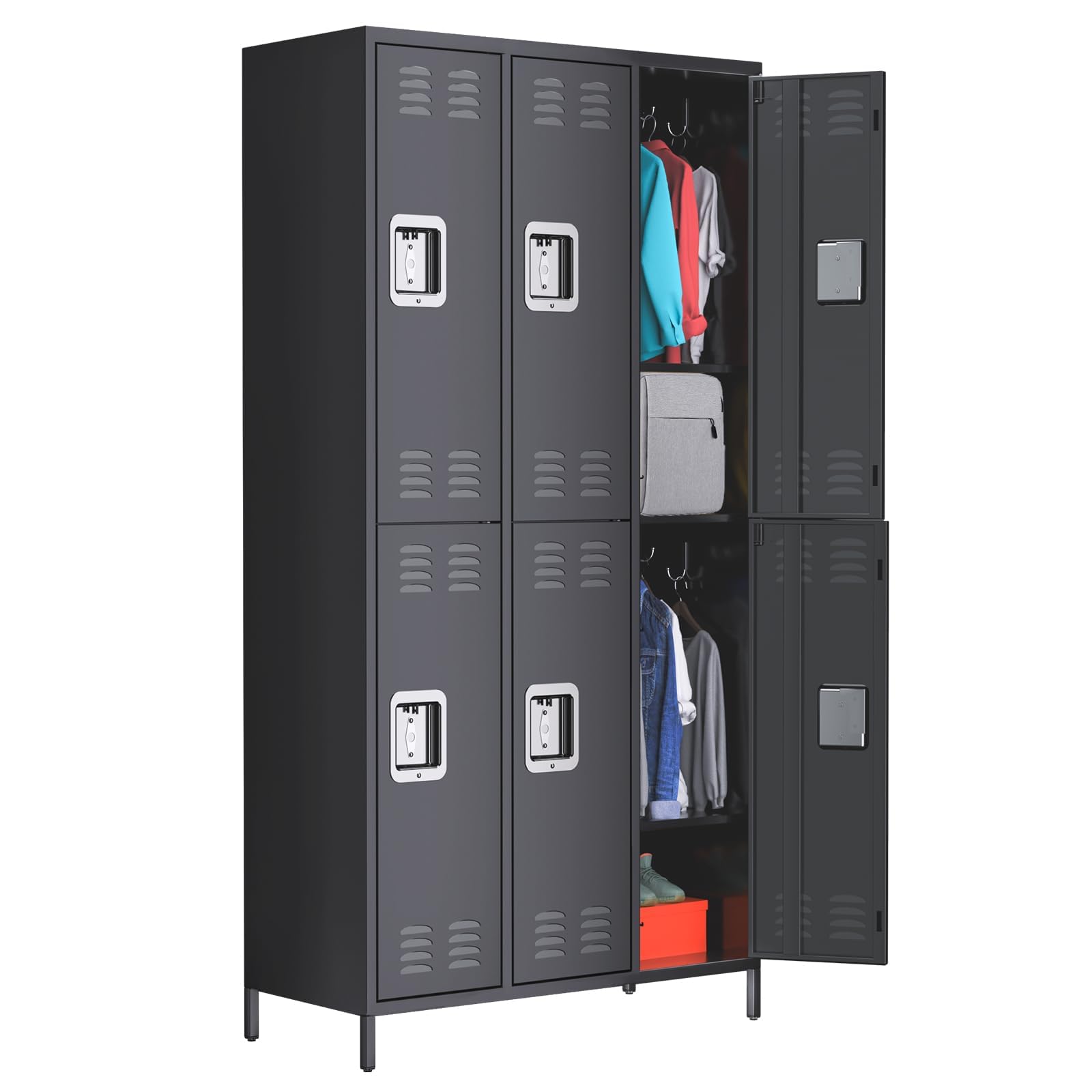 IDEALHOUSE Metal Lockers - 6 Doors Lockable Storage Locker, Sturdy Steel Cabinet with Shelves, Space-Saving Design for Home, Gym & Fire Department, Black