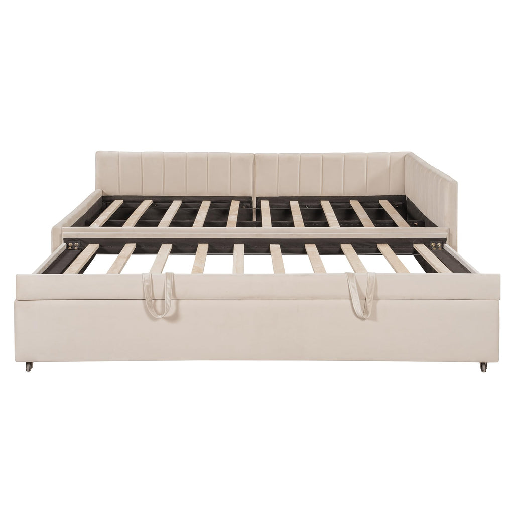 GDFStudio Full Size Upholstered L-Shaped Daybed with Pop Up Trundle, Vertical Stripe Design, Padded Backrest, No Box Spring Needed, Beige