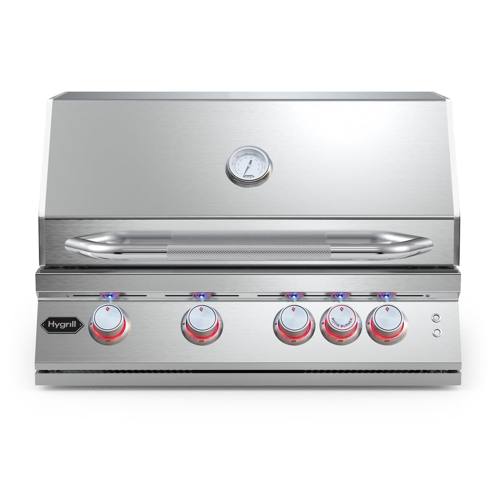 Hygrill Premium XTR 32-Inch Built In Grill, Stainless Steel 4-Burner Grill Head for Outdoor Kitchen with Rear Infrared Burner and LED Lights, Natural Gas