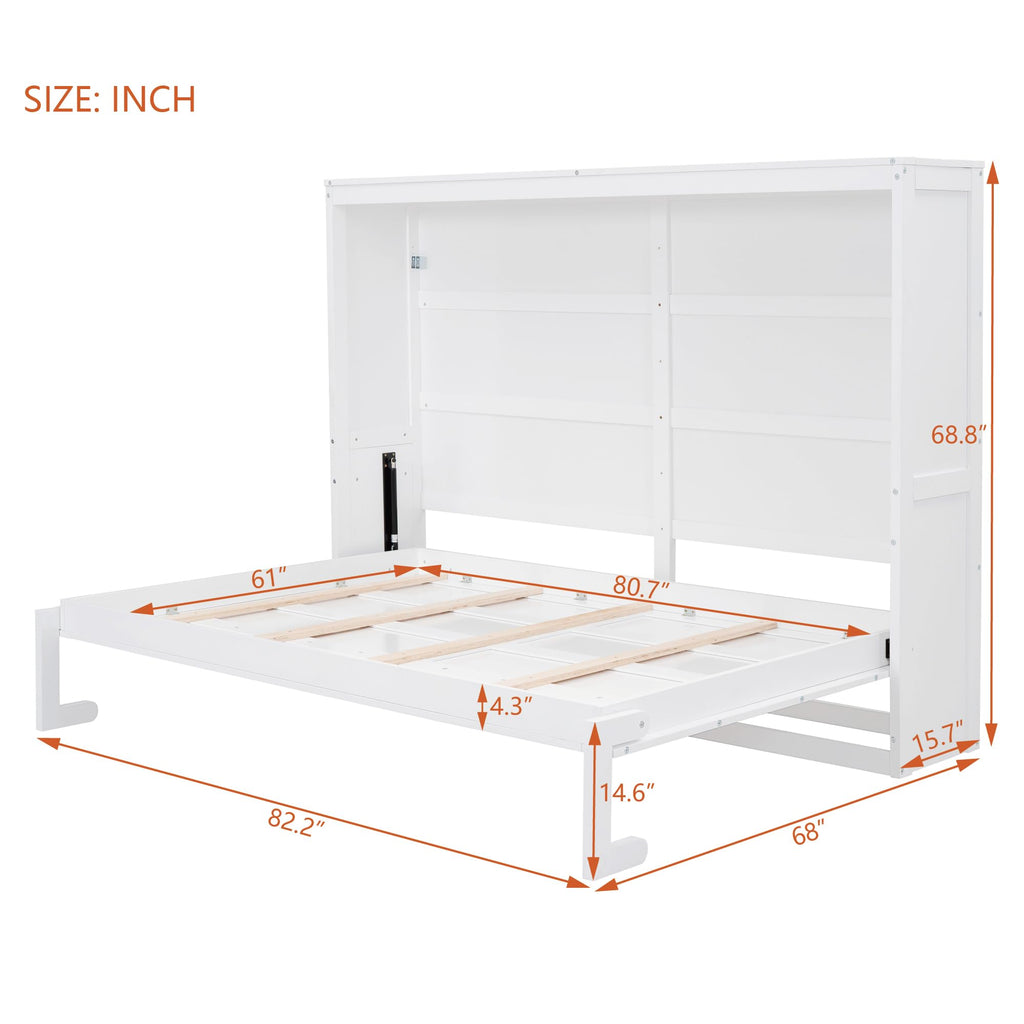 Ball & Cast Murphy Bed Queen Size,Farmhouse Murphy Cabinet with Storage Shelf,Wood Hidden Wall Bed,Foldable Platform Bed,Space-Saving,No Box Spring Needed,White