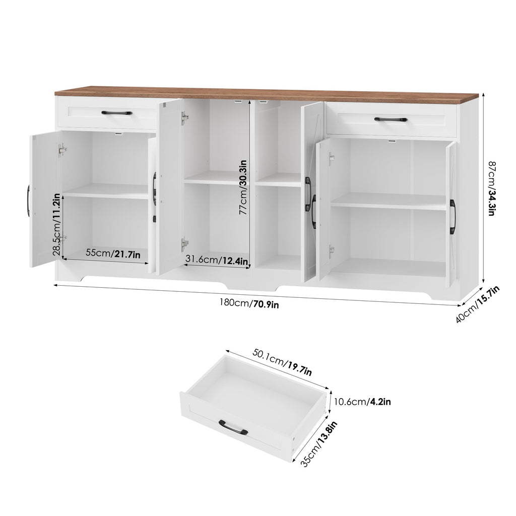 BOTLOG 71” Large Sideboard Buffet Cabinet with Storage, Farmhouse Kitchen Buffet Cabinet with Adjustable Shelves and 6 Barn Doors, Wood Coffee Wine Bar Console Table for Kitchen, Dining Room, White