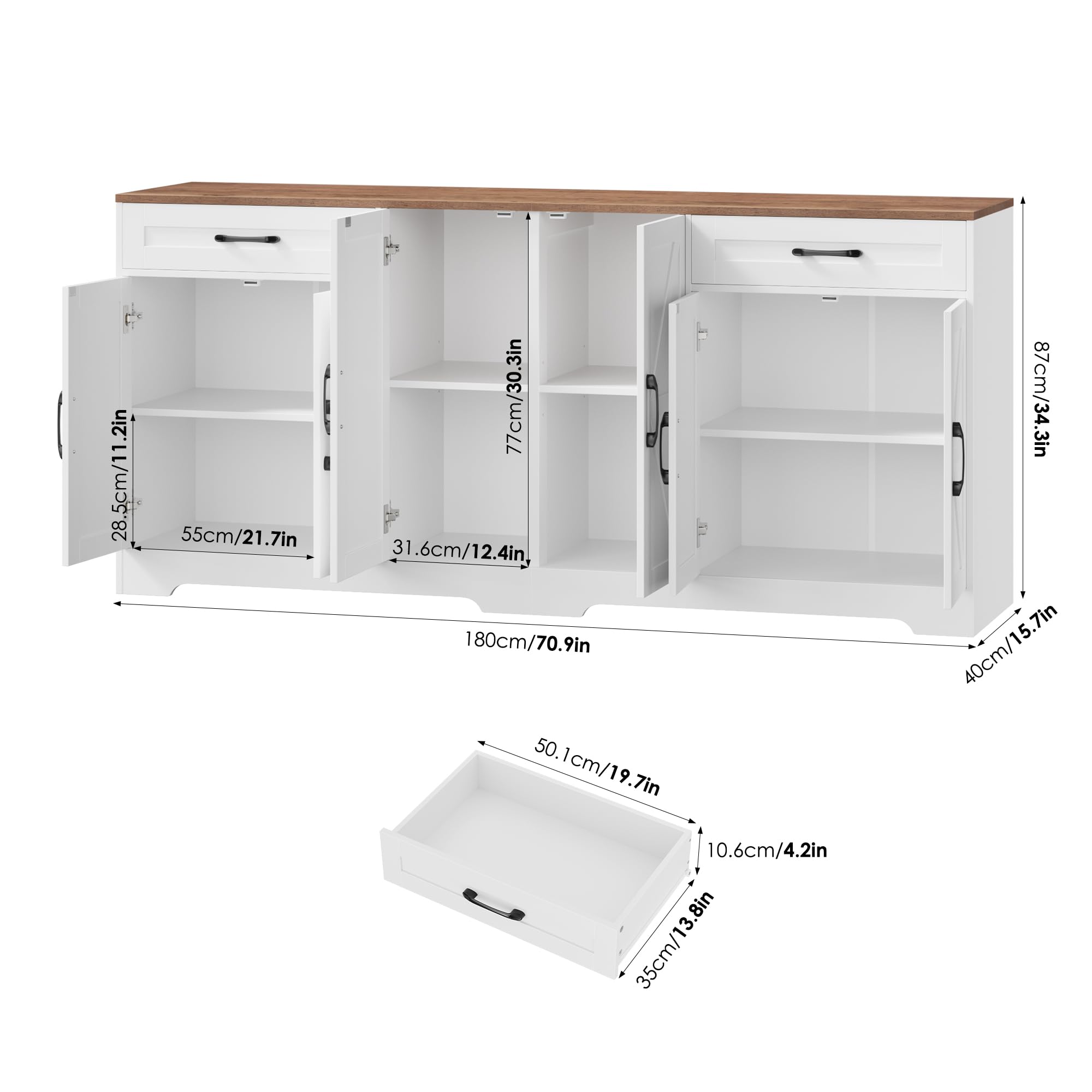 BOTLOG 71” Large Sideboard Buffet Cabinet with Storage, Farmhouse Kitchen Buffet Cabinet with Adjustable Shelves and 6 Barn Doors, Wood Coffee Wine Bar Console Table for Kitchen, Dining Room, White