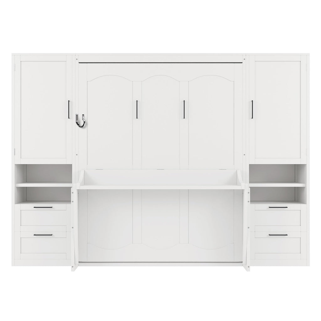 Merax Queen Size Murphy Bed with Desk, Multifunctional Foldable Wall Bed with Closet, Drawers and Shelves, Space-Saving Wood Platform Bed Frame for Small Spaces Studio Study Office Guest Room, White