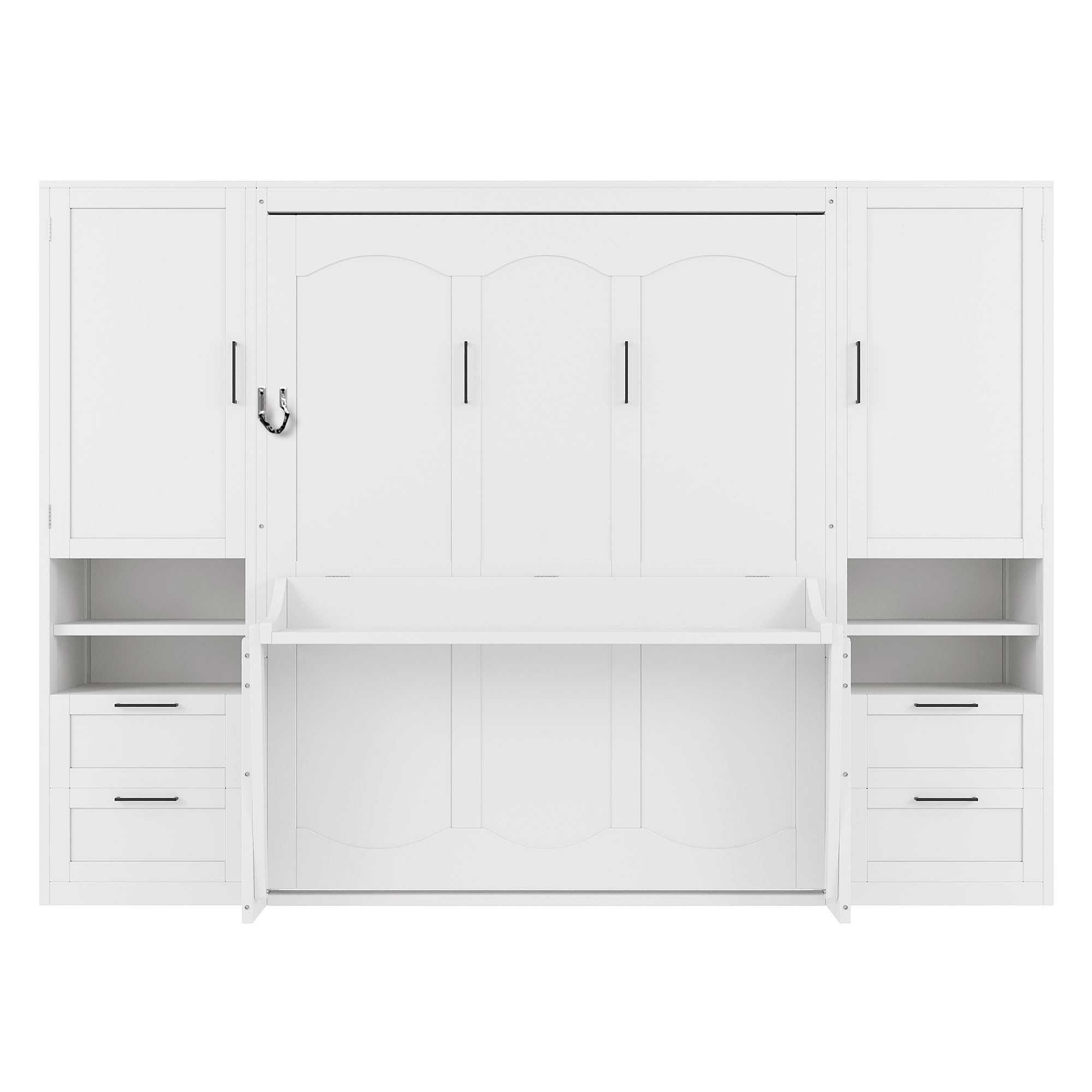 Merax Queen Size Murphy Bed with Desk, Multifunctional Foldable Wall Bed with Closet, Drawers and Shelves, Space-Saving Wood Platform Bed Frame for Small Spaces Studio Study Office Guest Room, White