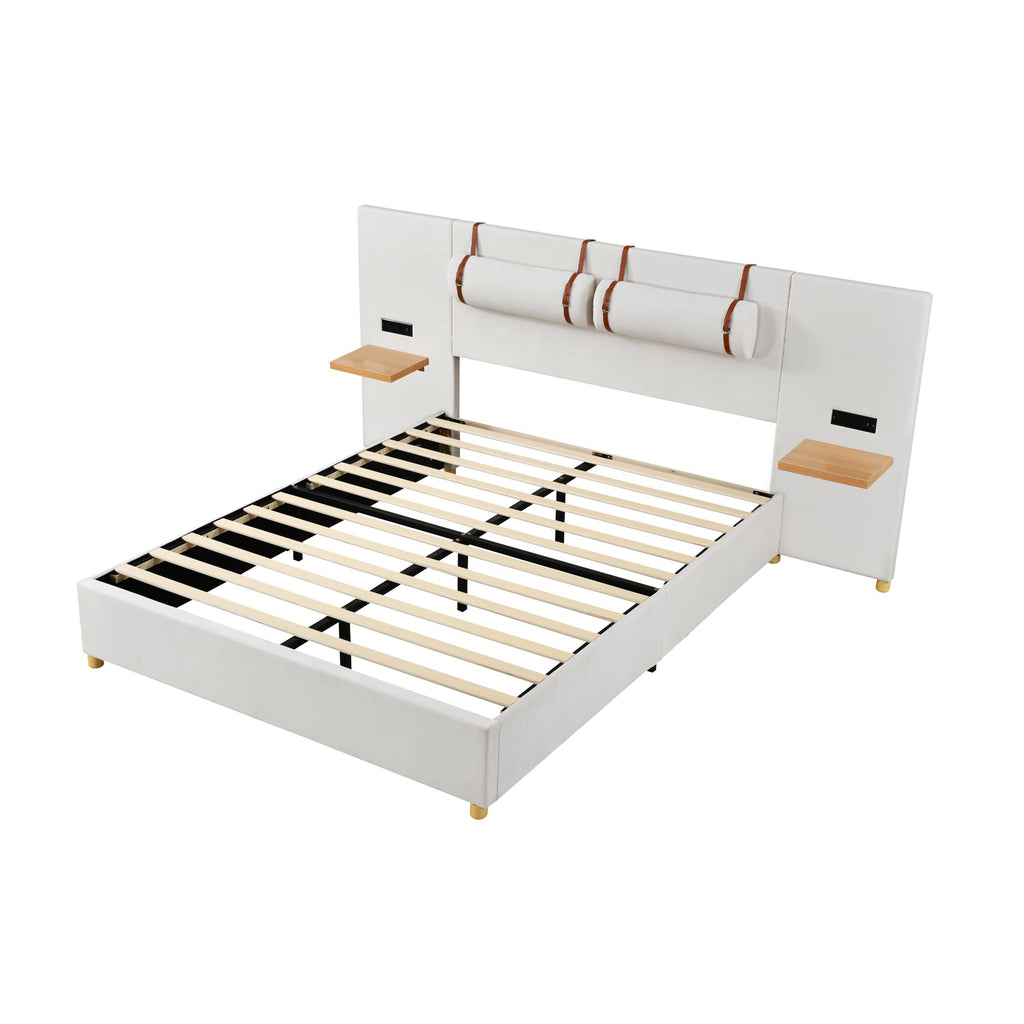 Ball & Cast Queen Upholstered Platform Bed with Oversized Soft Headboard,Wood Bedframe W/Integrated Storage Shelves,Power Outlet & USB Port on Both Sides,for Bedroom Guest Room Apartment,Beige Velvet