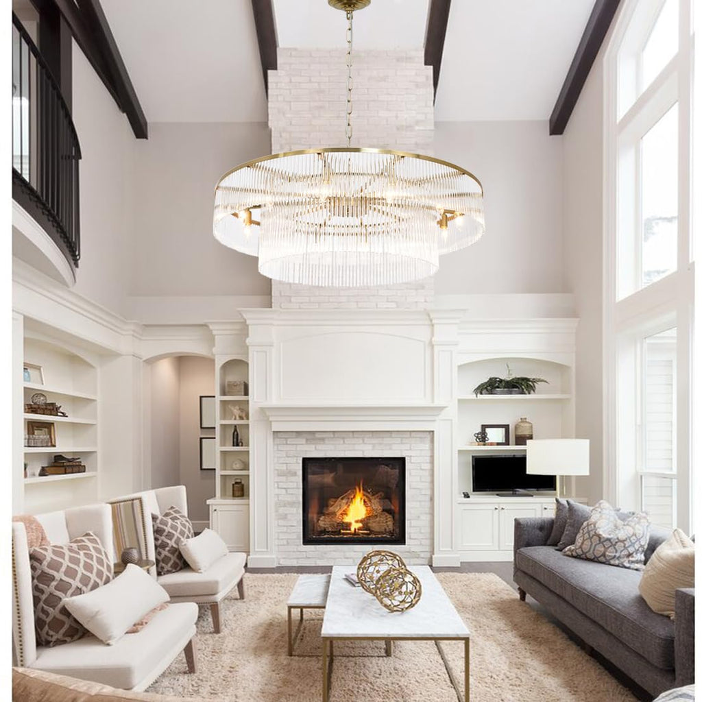 Akeelighting Modern Glass Chandelier Lighting Brass Chandeliers for High Ceiling Entryway Foyer Large Glass Hanging Light Fixture Grand Living Room Hall 39"