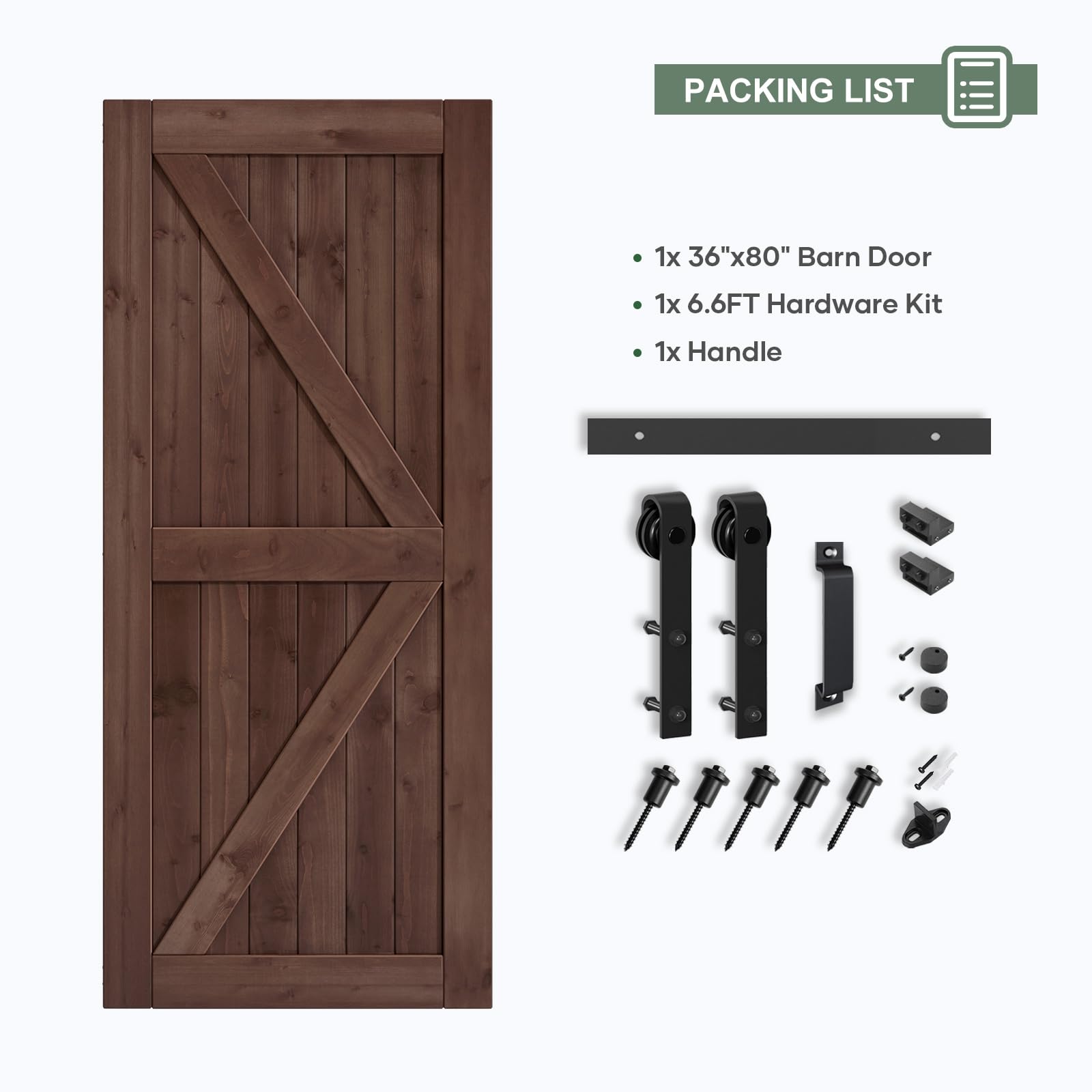 ROYMELO 36x80 inch Sliding Barn Wood Door Slab with 6.6ft Hardware Kit and Handle, Coffee, K Shape, Simple DIY Assembly