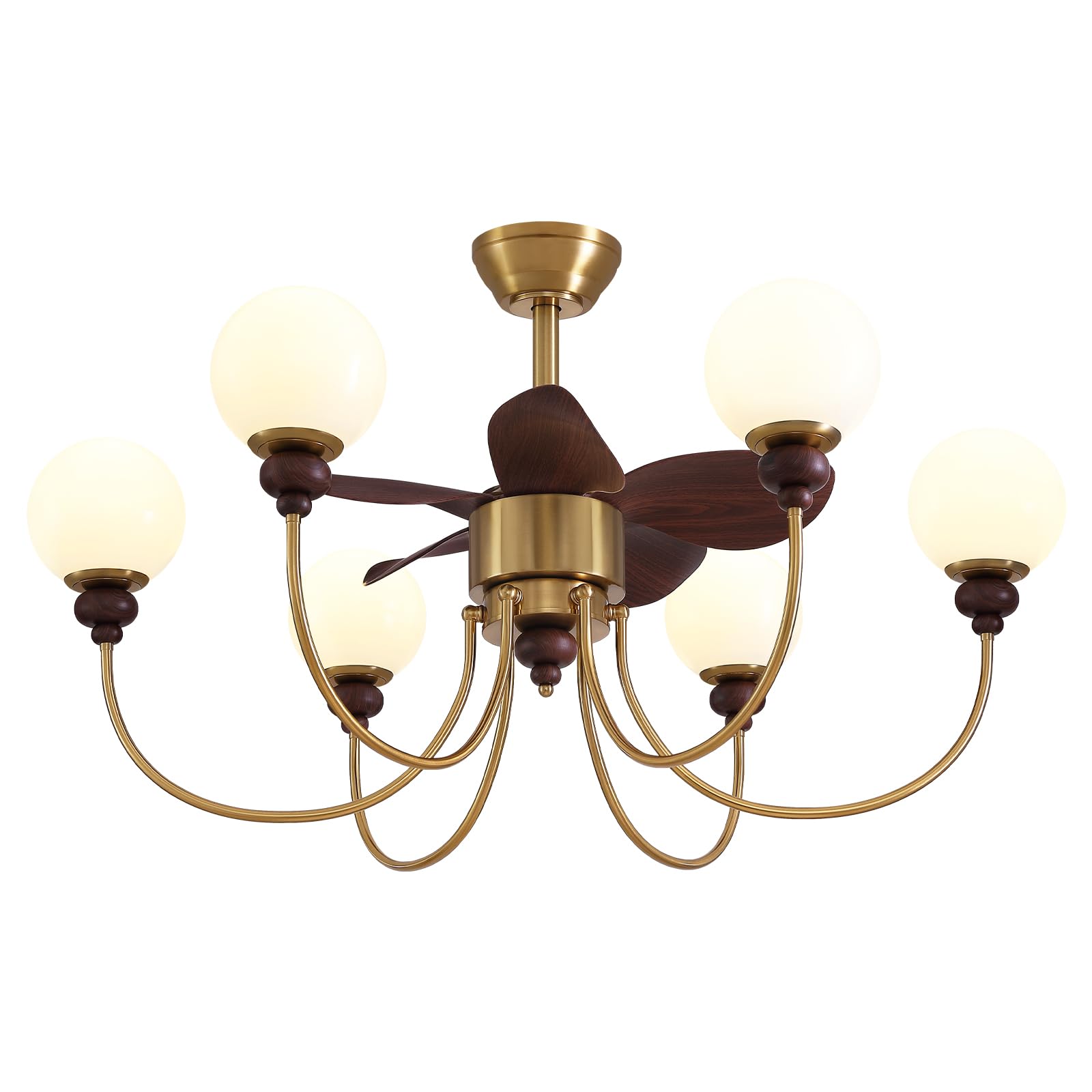 CROSSIO Luxury Mid Century Gold Fandelier 36" Large Ceiling Fans with Lights and Remote Control 6 Speeds 6 Lights Vintage Globe Chandelier Fan for Living Room Dining Room