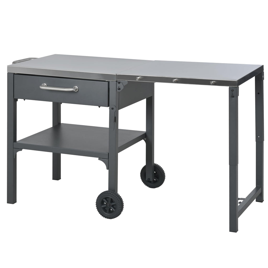GDFStudio Outdoor Folding Kitchen Cart with Stainless Steel Top, Rolling Grill Prep Table with Drawer and Shelf, Portable Serving Cart with Wheels for Patio Backyard BBQ Cooking Station, Grey