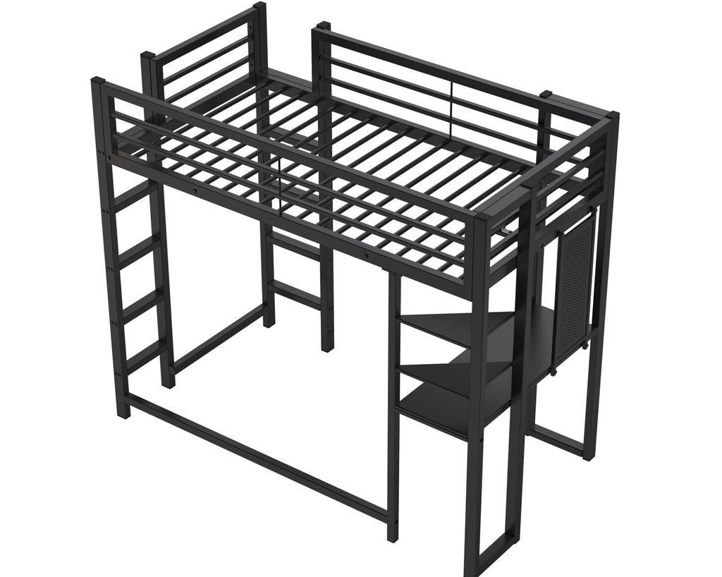 KEIKI Twin Size Loft Bed with Desk, 2 Side Ladders, Storage Shelves, Safety Guardrail, No Box Spring Needed, Space-Saving Metal Loft Bed Frame for Kids/Teens/Adults