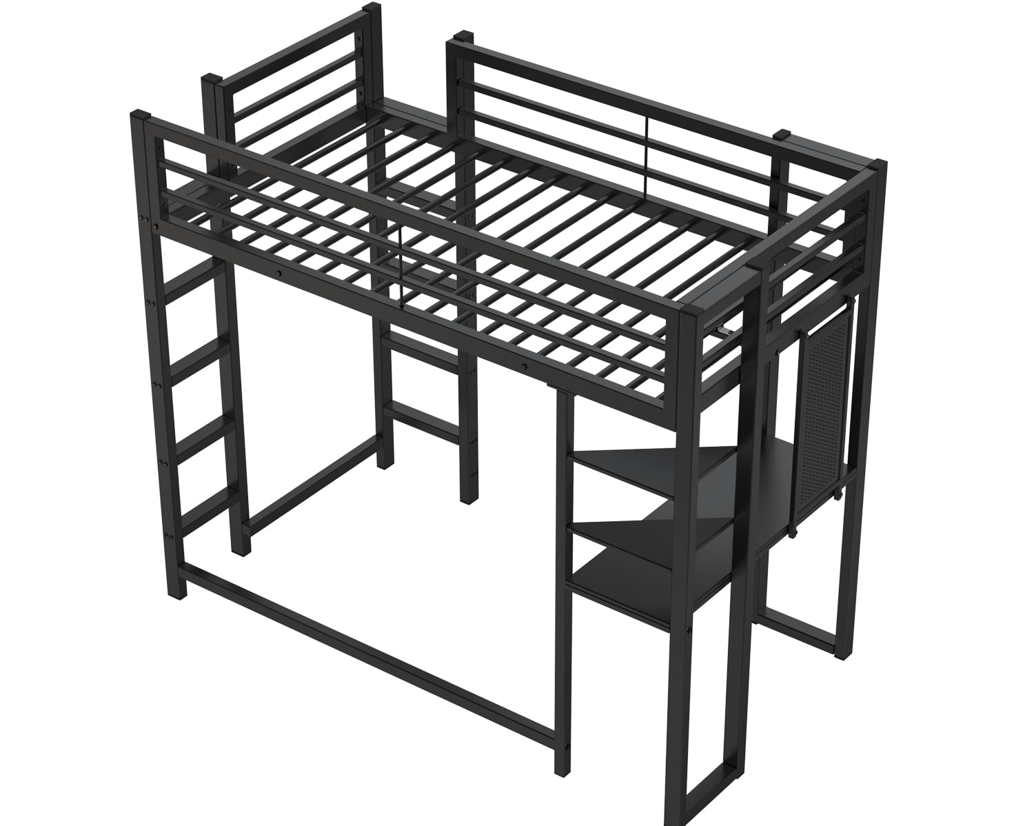 KEIKI Twin Size Loft Bed with Desk, 2 Side Ladders, Storage Shelves, Safety Guardrail, No Box Spring Needed, Space-Saving Metal Loft Bed Frame for Kids/Teens/Adults