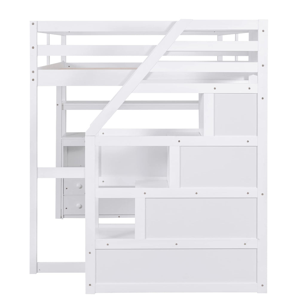 Brisca Full Size Loft Bed with Desk and Shelves,Multifunctionl Bedroom Bed Frame w/Two Built-in Drawers & Storage Staircase,Solid Wood Slats Support,for Kid Adult Boy Girl Teens,White