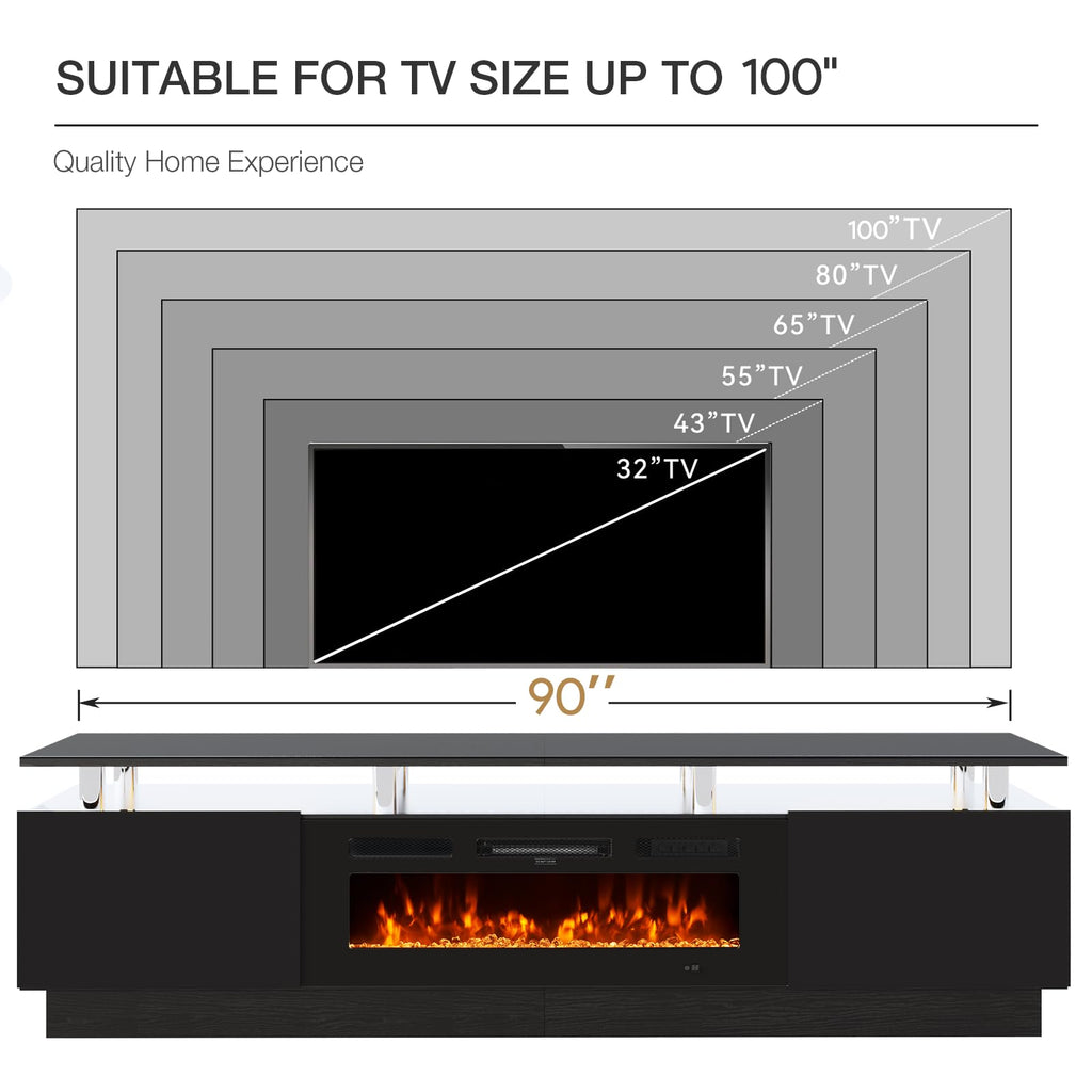 OneBlis 90" TV Stand for Living Room, Large Entertainment Center & Media Console, Fits TVs up to 100", Storage Cabinet with Shelves, 50" Electric Fireplace