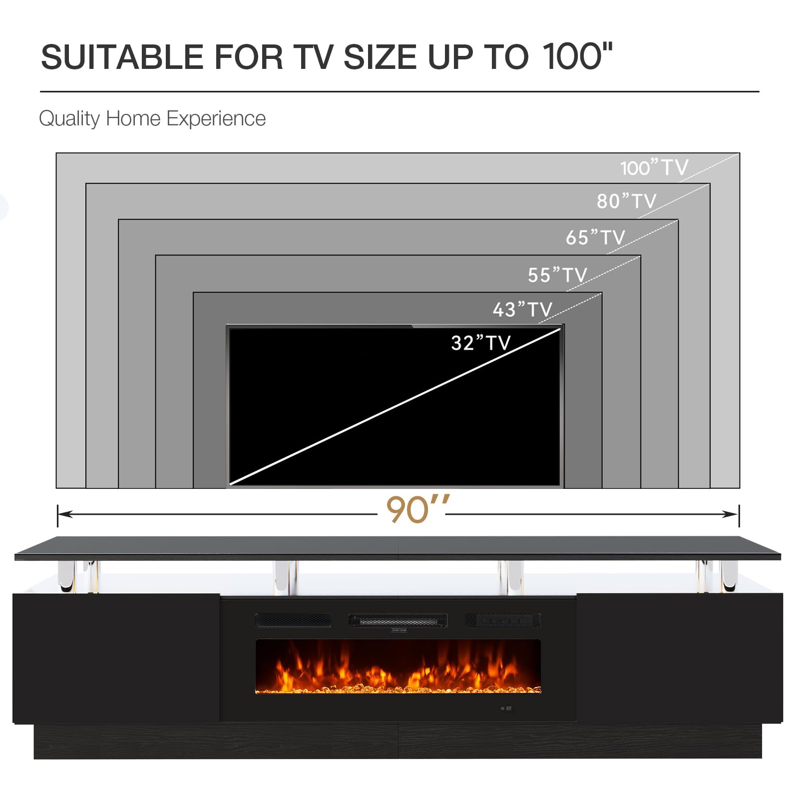 OneBlis 90" TV Stand for Living Room, Large Entertainment Center & Media Console, Fits TVs up to 100", Storage Cabinet with Shelves, 50" Electric Fireplace