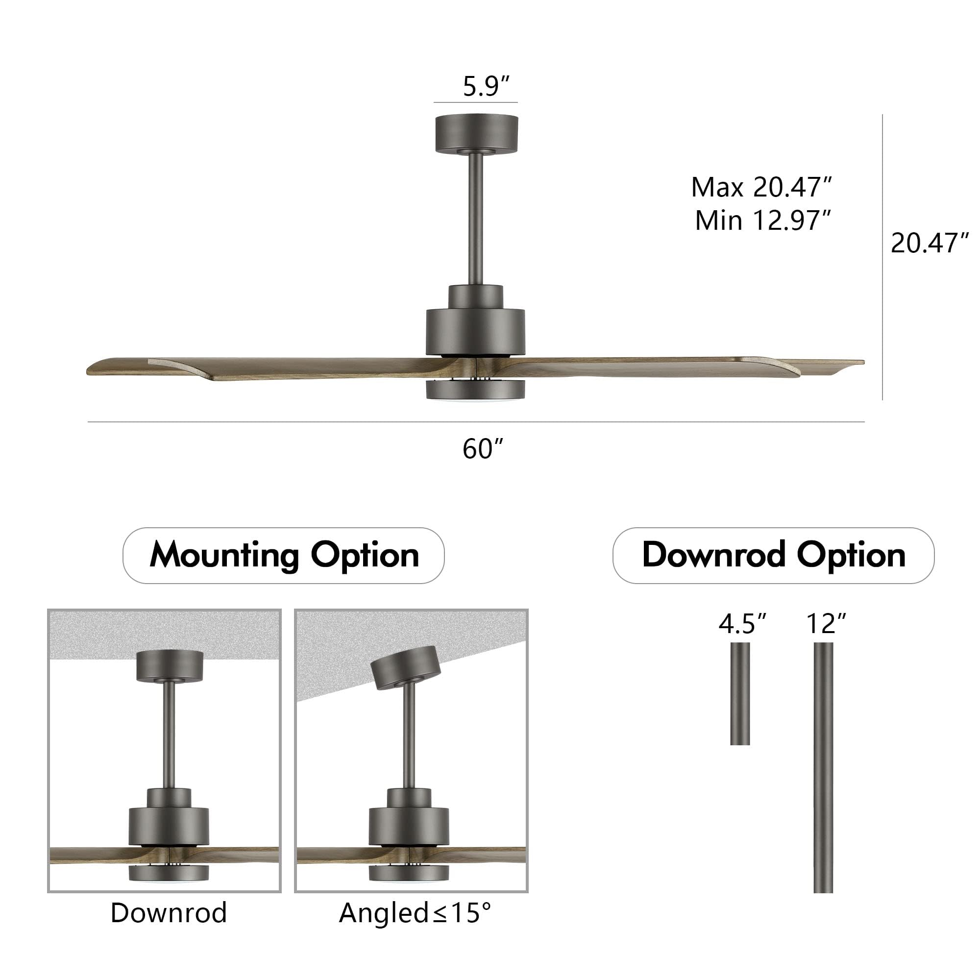 ELEHINSER 60" Modern Ceiling Fan with Light and Remote Control, 5 Solid Wood Blades 6-Speed Noiseless Reversible DC Motor, Ceiling Fan for Kitchen Dinning Living Room, Charcoal Finish with Wood Blades