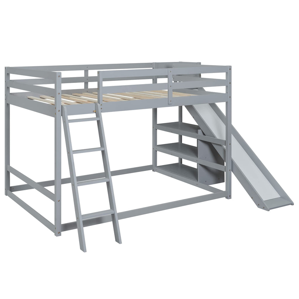 Merax Modern Full Over Full Wood Bunk Bed with Ladders and Slide, Floor Bunk Bed Frame with Storage Shelves, No Box Spring Needed, Space-Saving Grey