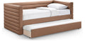 Meridian Furniture BeverlyCognac-T Beverly Collection Modern | Contemporary Twin Daybed with Soft Cognac Premium Vegan Leather, Deep Channel Tufting, Twin Trundle, 87" W x 43.5" D x 34" H, Cognac
