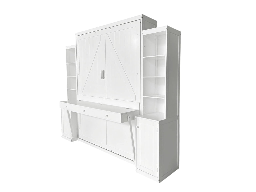 PVWIIK Queen Size Murphy Bed with Desk & Storage Cabinet,Shelf,Wall Bed Frame Folding into Cabinet Design w/Multifunctional Bed Frame for Small Space,Bedroom,Guest Room,White