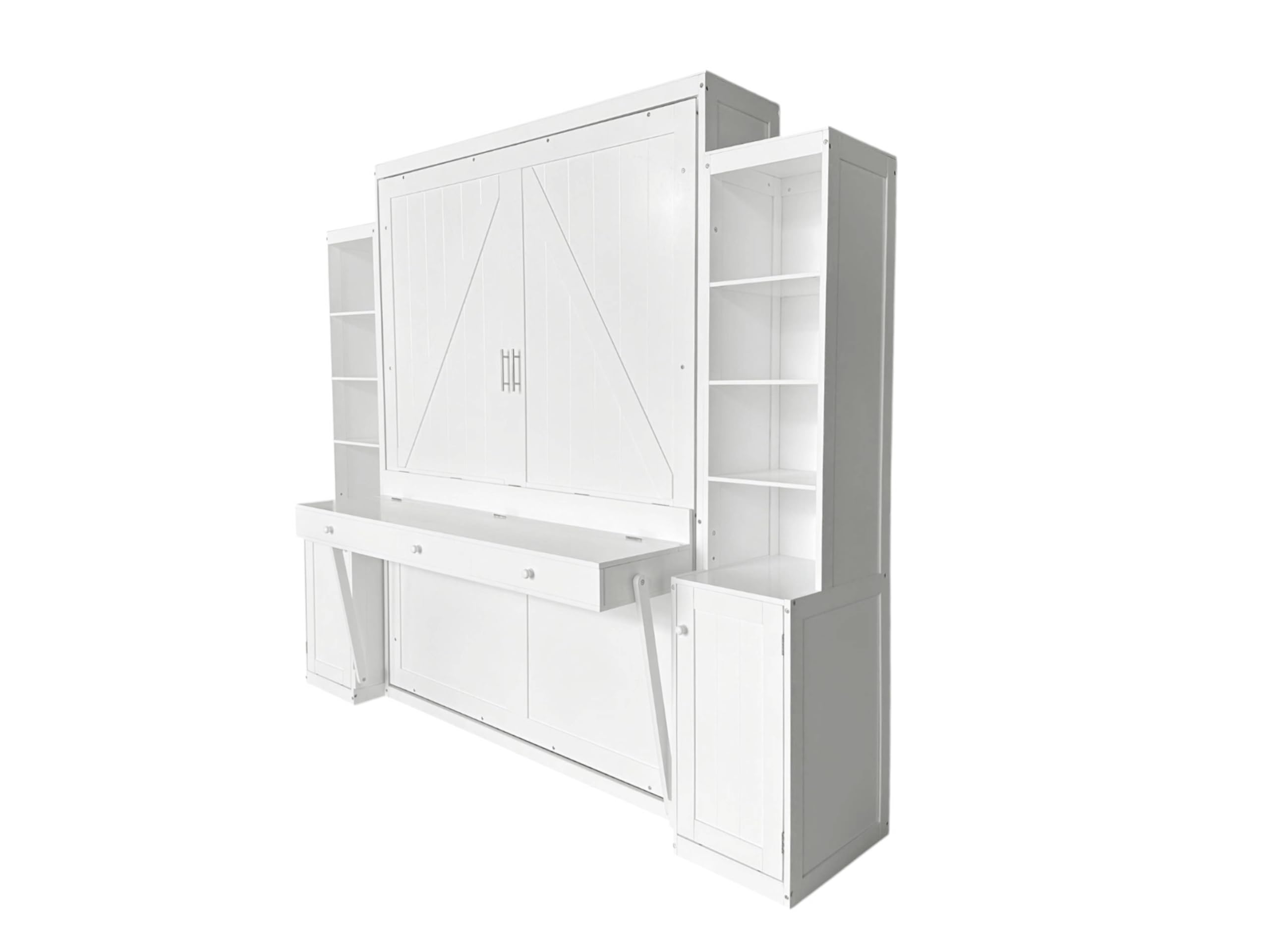 PVWIIK Queen Size Murphy Bed with Desk & Storage Cabinet,Shelf,Wall Bed Frame Folding into Cabinet Design w/Multifunctional Bed Frame for Small Space,Bedroom,Guest Room,White