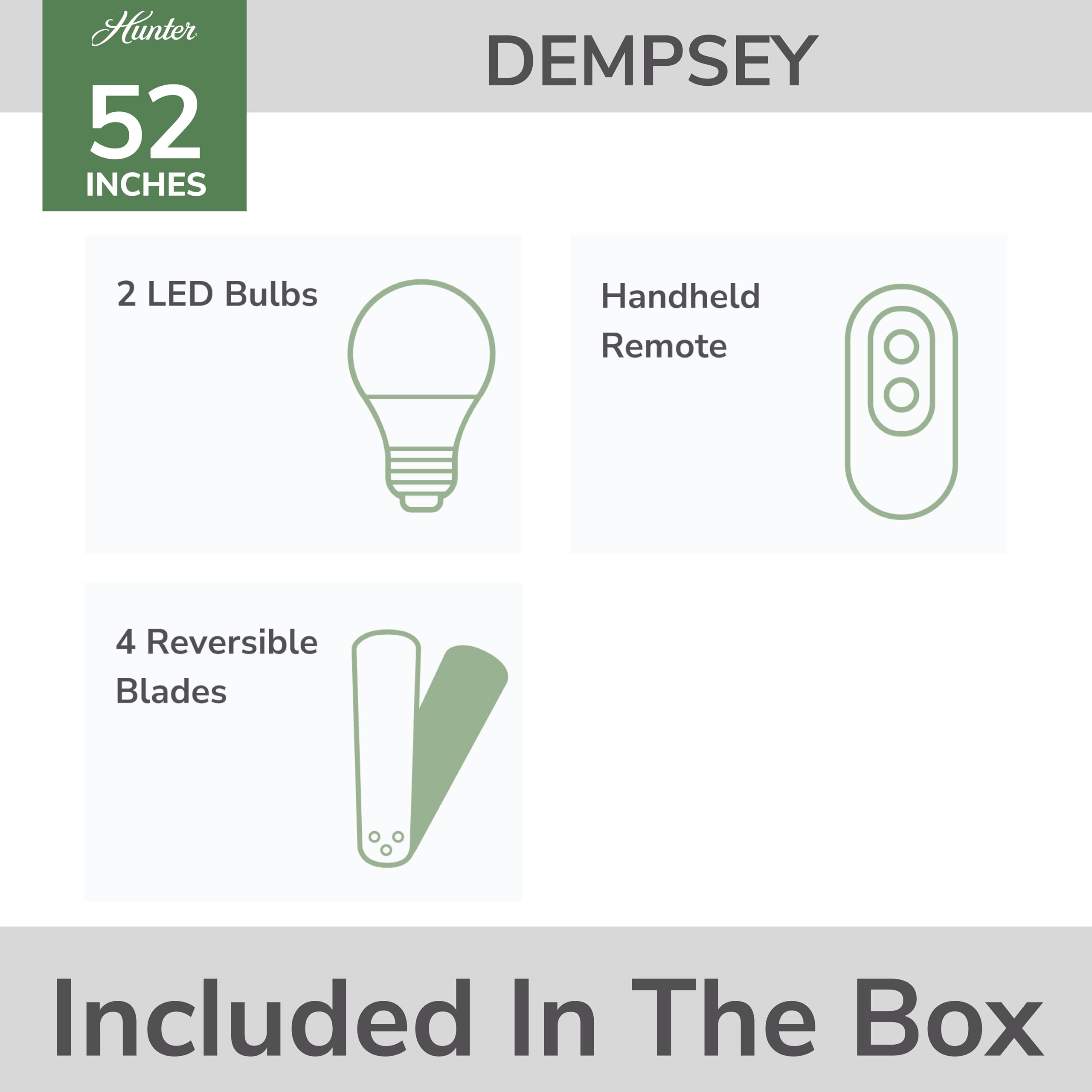 Hunter 52 inch Indoor Ceiling Fan with LED Light and Remote Control - White Modern Ceiling Fan, Low Profile Mount, 4 Blades, For Bedroom, Living Room, or Kitchen, Quiet - Dempsey 59242, Fresh White