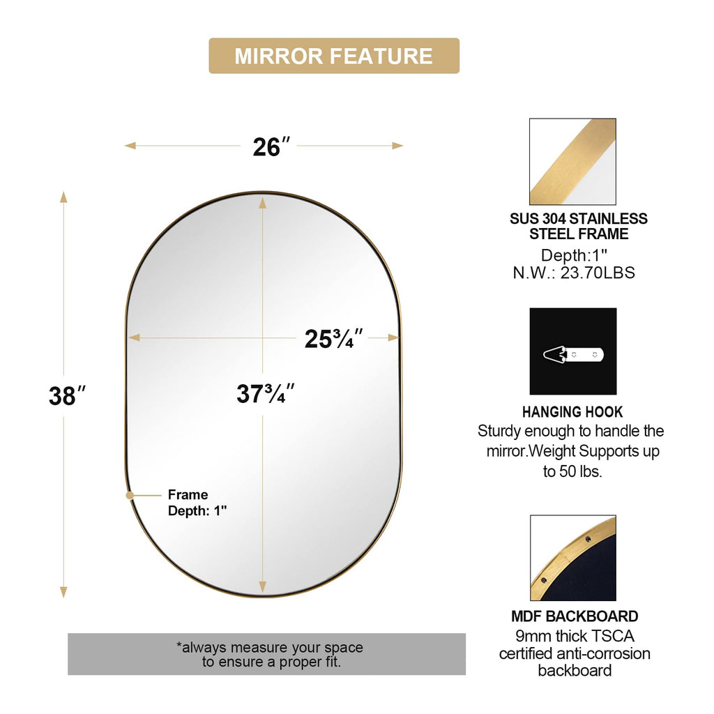 ANDY STAR 26x38 Inch Gold Oval Mirror, Oval Brass Mirror Pill Shaped Stainless Steel 1’’ Deep Metal Frame Wall Mounted Vertically & Horizontally Ideal for Limited Space