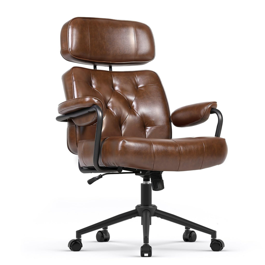 Mid Century Modern Home Office Desk Chair, Ergonomic Office Chair Big and Tall, High Back Executive Office Chair Leather Extra Wide, Computer Chair Comfy, Adjustable Height Rolling Chair, Caramel