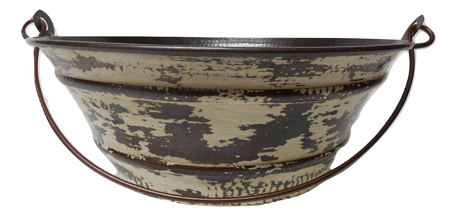 Simply Copper 15" Round Copper Vessel BUCKET Sink in Distressed Antique White Exterior with 13" Pump Faucet and Daisy Drain