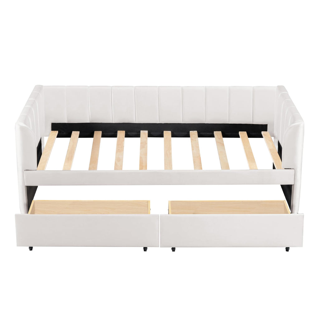 Jintop Twin Size Velvet Daybed with Two Drawers and Stripe Shaped Headboard Design,Upholstered Wooden Storage Bed Frame,w/Ergonomic Design Backrest,for Bedroom,Living Room,Beige