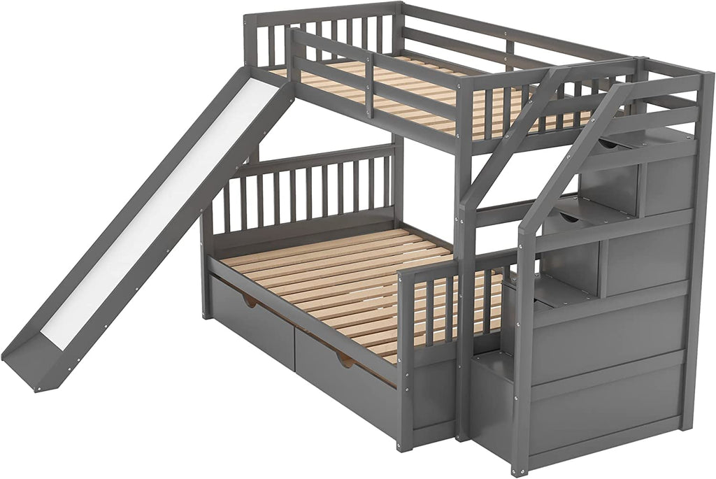 DNYN Full Size Loft Bed with Desk & Shelves & Ladder for Kids/Adults,Solid Wood Bedframe,High Loftbed with Safety Guardrails,Space Saving Design & No Box Spring Needed,79.3"×58.5"×65.4", Gray