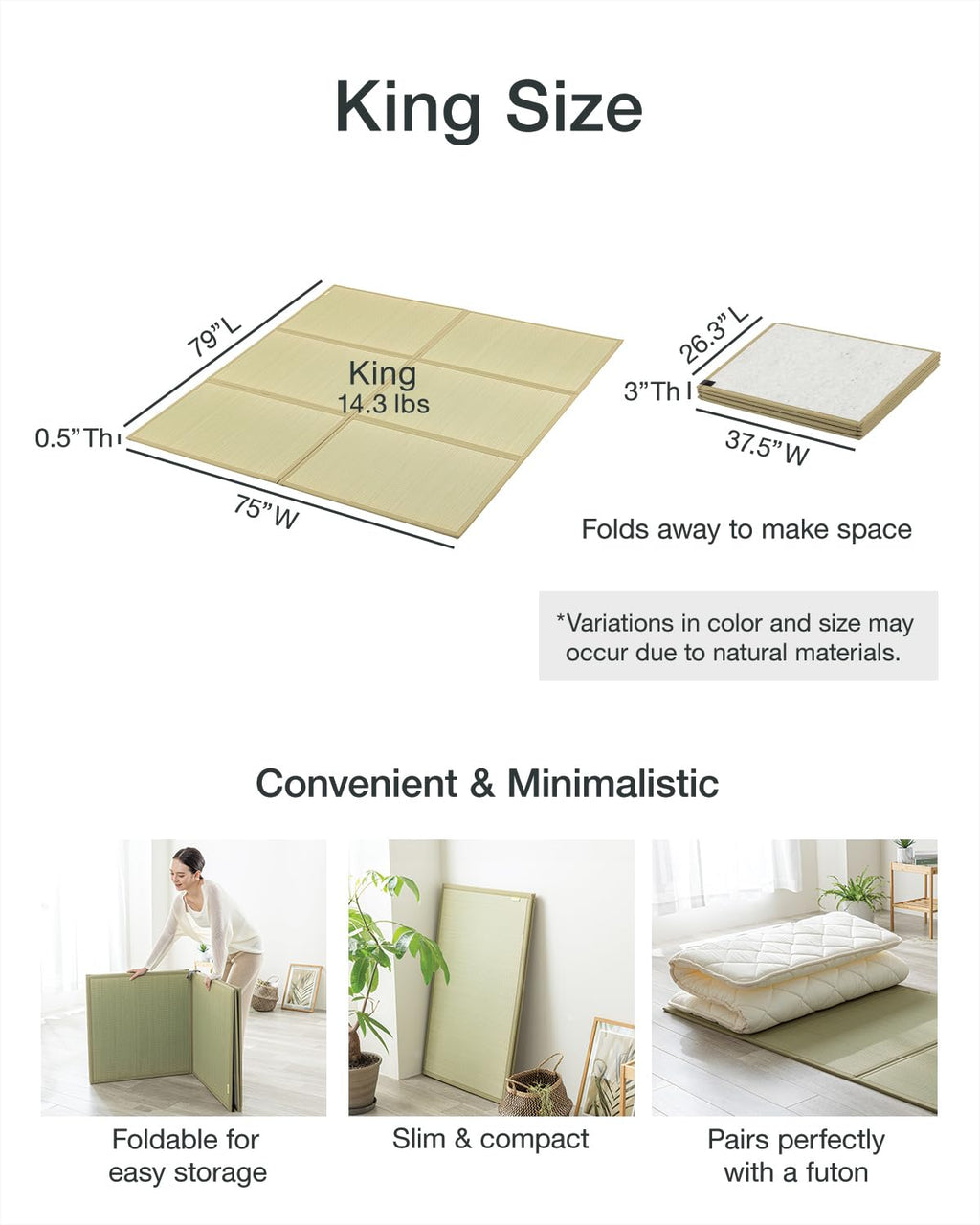 FULI Japanese Tatami Mattress, Foldable Igusa Rush Grass Tatami Rug, Natural Japanese Floor Mattress Mat Made in Japan, King