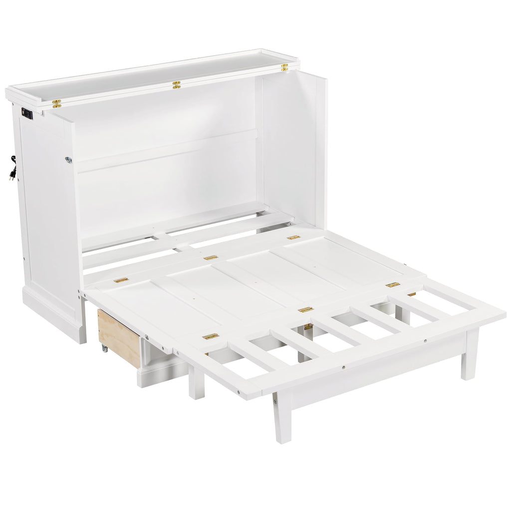 YOPTO Murphy Bed Cabinet Full Size with Charging Station and Large Storage Drawer,Pine Wood Folding Wall Bed Frame,Space Saving,Easy Assembly,Hidden Platform Bed for Home Office or Small Room,White