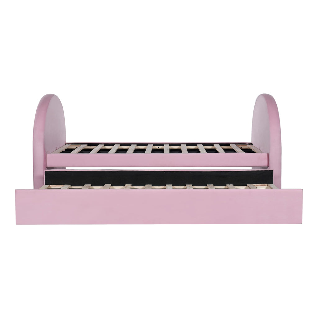Christopher Knight Home Leonhart Velvet Upholstered Twin Size Bed Frames with Headboard/Footboard, Day Bed Frame Twin with Pull-Out Functionality, Iron Frame + Wooden Slat Trundle Bed Twin, Pink