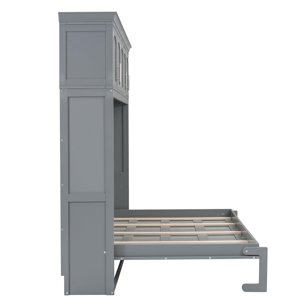 Merax Modern Farmhouse Solid Wood Murphy Cabinet Bed with Top Cabinets, Tall Wall Platform Bed No Box Spring Needed/Easy Assemble Queen,Gray