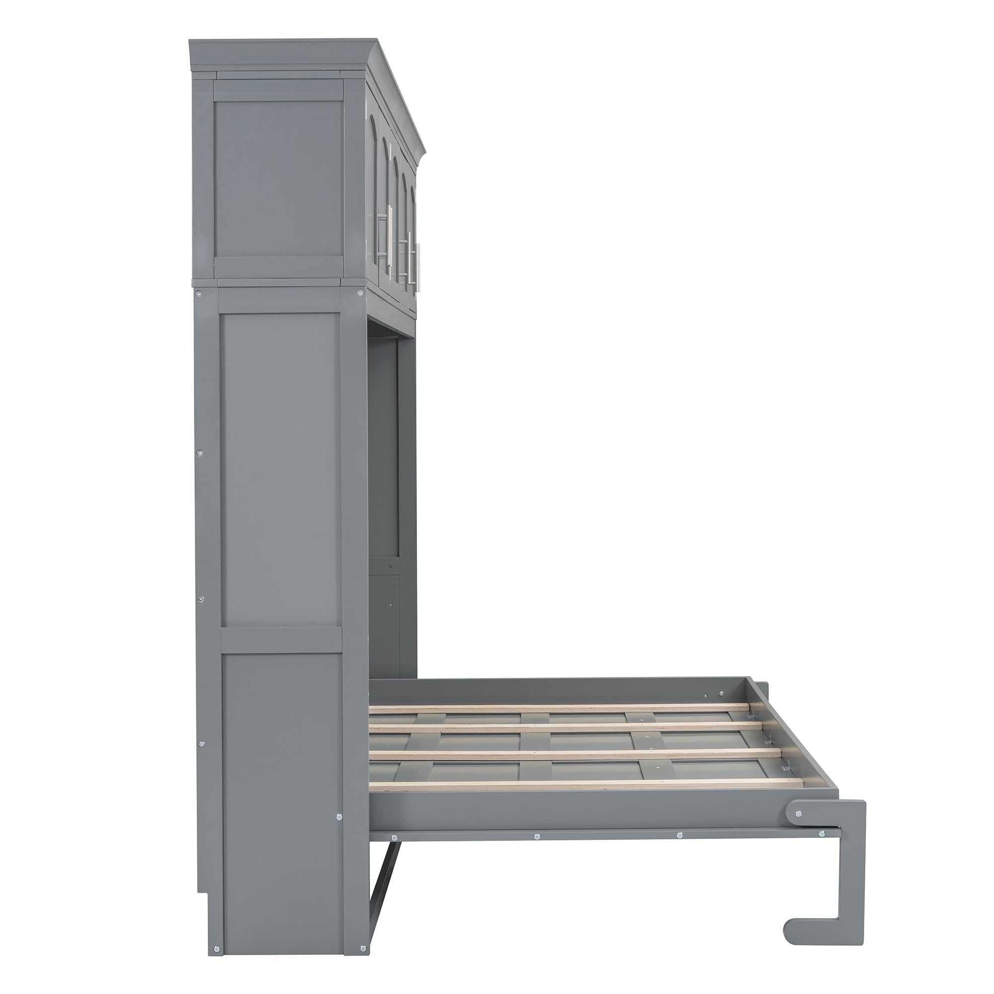 Merax Modern Farmhouse Solid Wood Murphy Cabinet Bed with Top Cabinets, Tall Wall Platform Bed No Box Spring Needed/Easy Assemble Queen,Gray