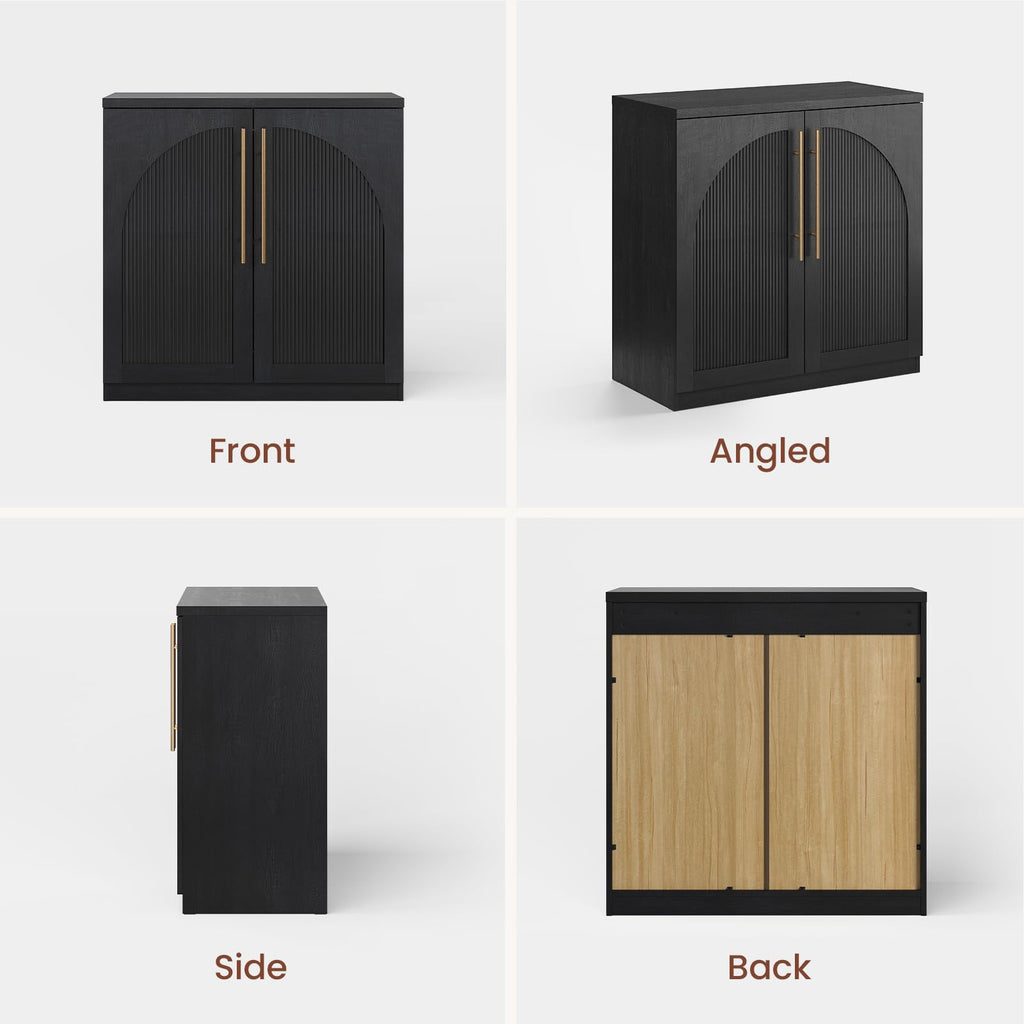ModernMate Set of 2 Arched Sideboard Cabinets, 62" Modular Storage Buffet Table with Wave-Panel Doors, Black Wood Grain Media Console with Soft-Close Hinges for Living Room