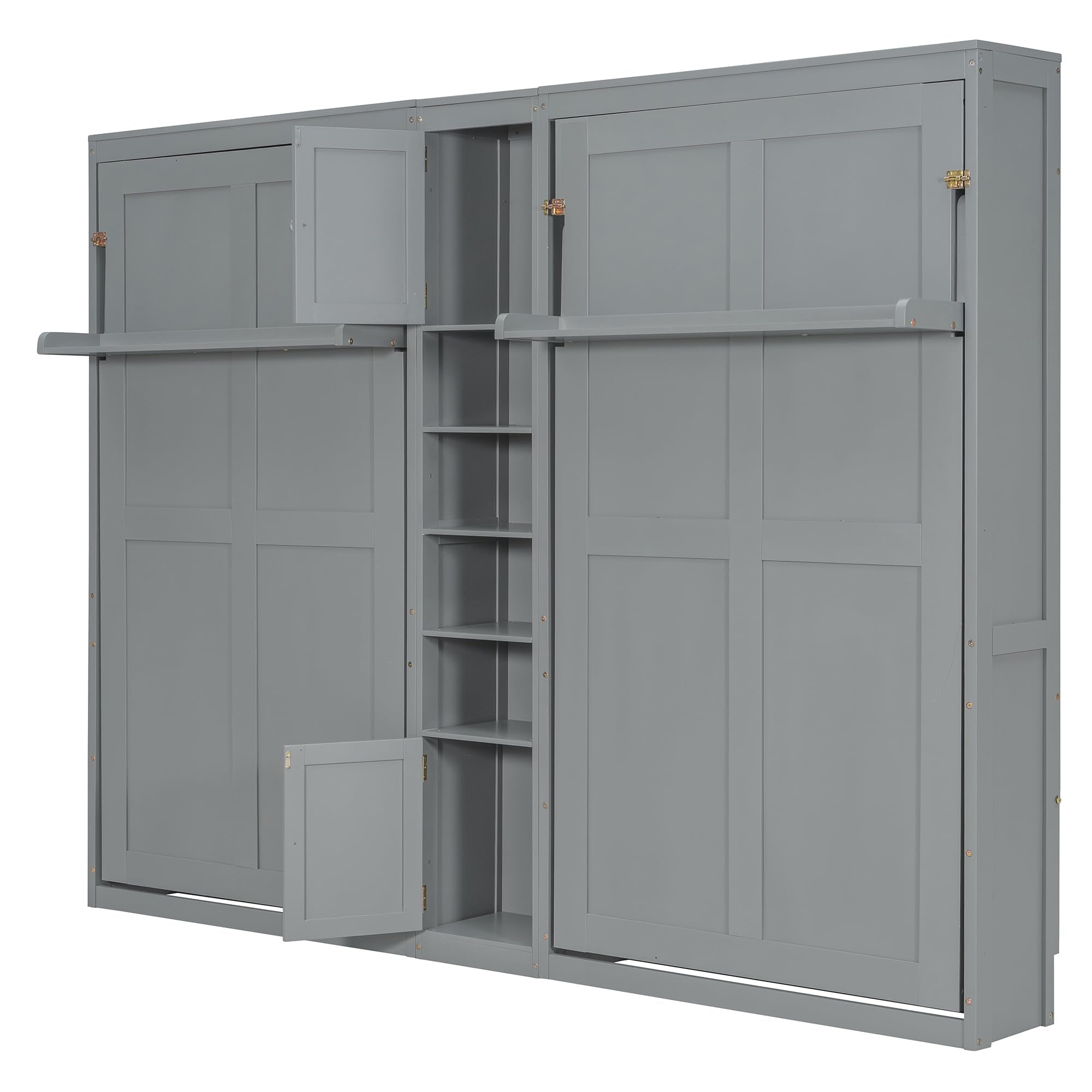 Merax Twin Murphy Bed with Storage Cabinets and Shelves, Dual Twin Wall Bed with Convertible Shelf Legs, Space Saving Foldable Bed for Small Rooms, Guest Room, Gray