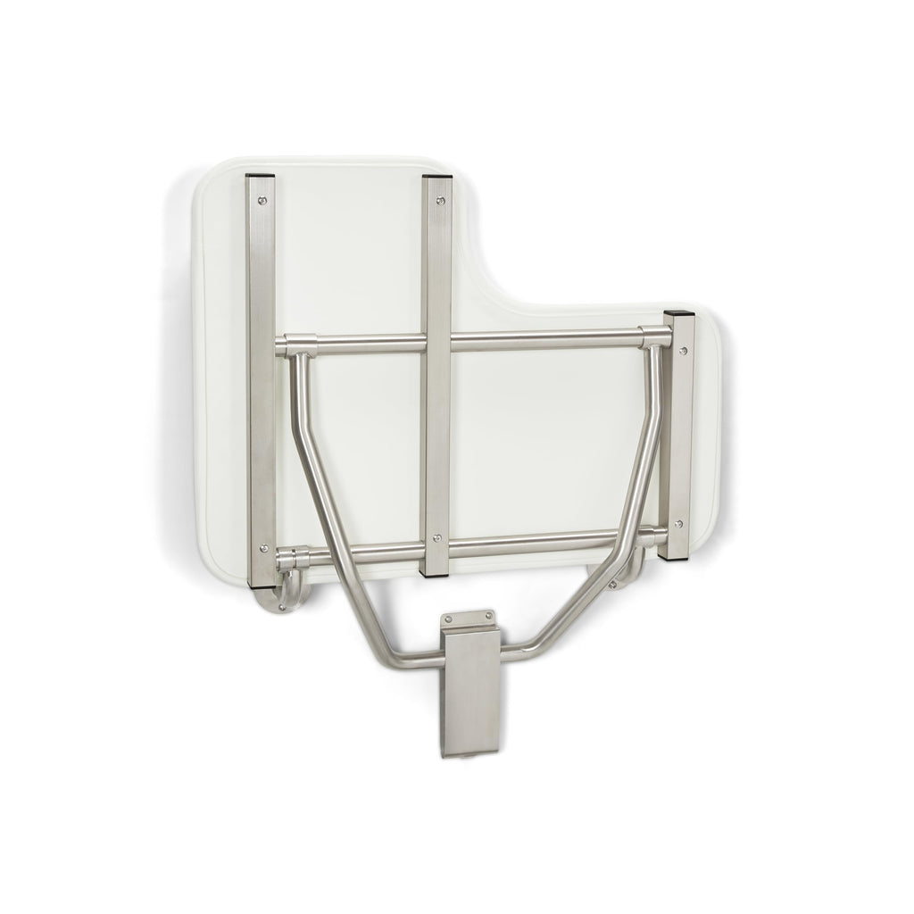 Seachrome Lift-Assist Shower Seat, L-Shaped Right-Hand, ADA, Wall Mount, Padded White Naugahyde