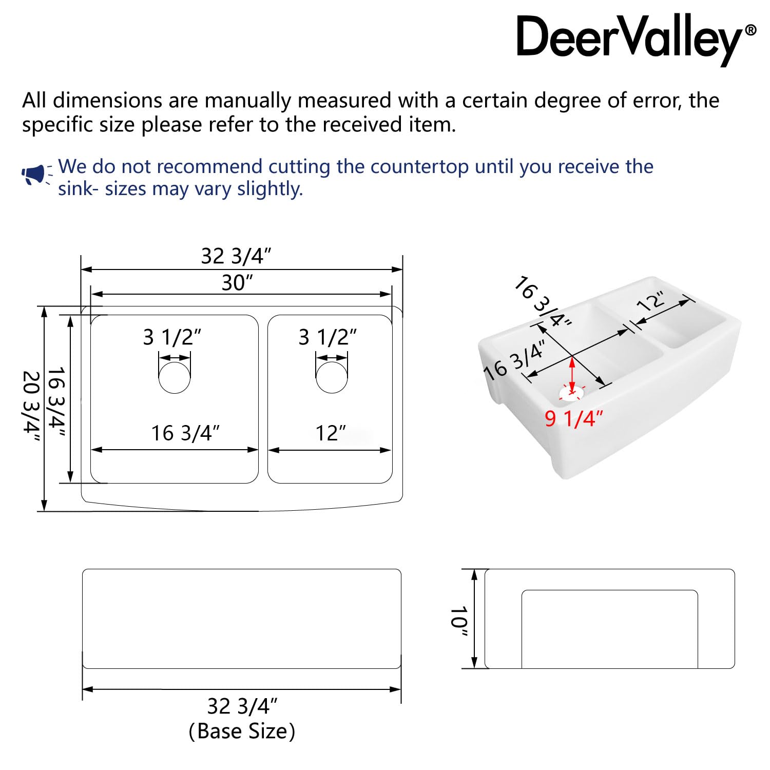 DeerValley Double Bowl White Kichen Sink 33 inch, Ceramic Apron Front Farmhouse Sink, Deep Drop-in Fireclay Undermount Large Sinks with Grid & Strainer