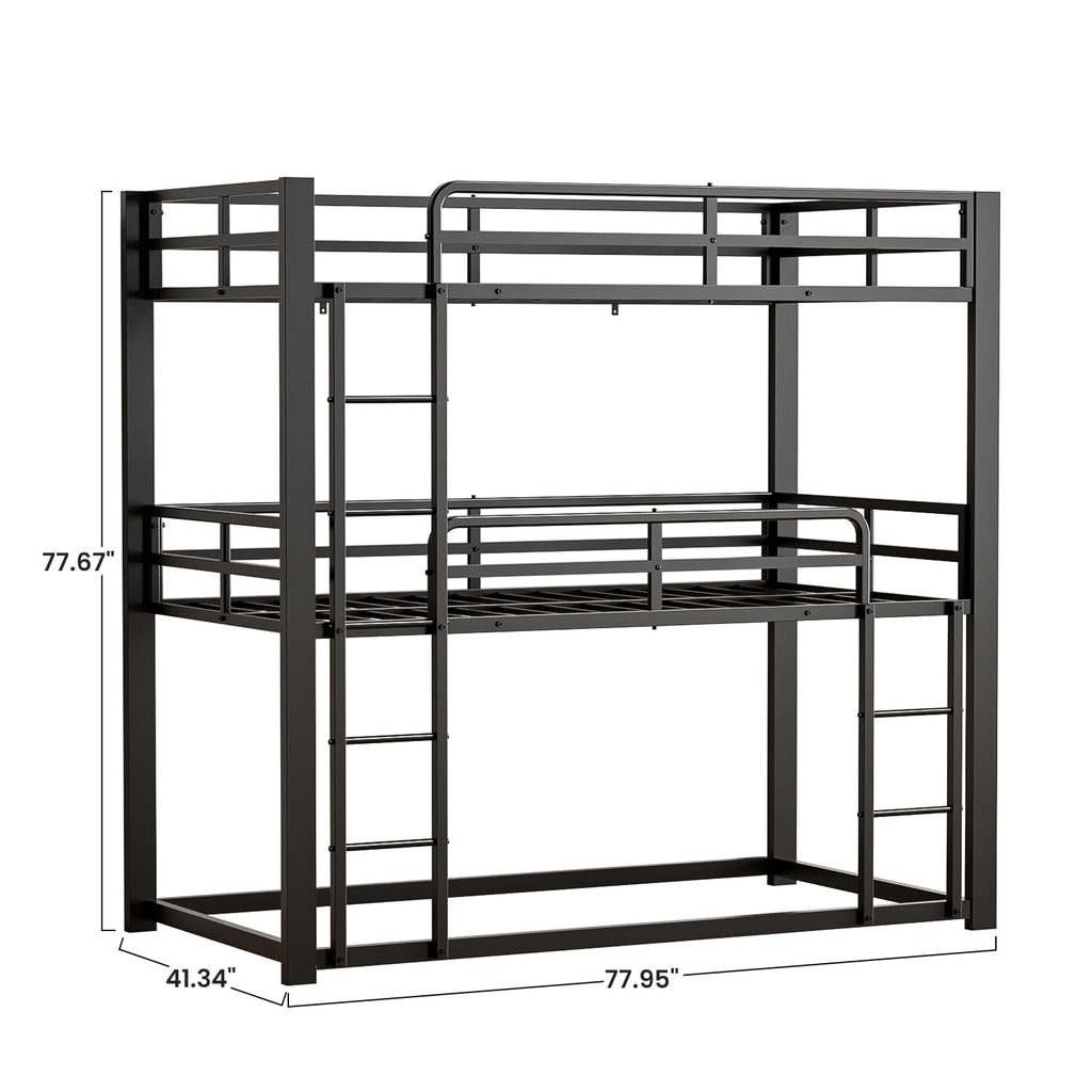 Mixcous Metal Triple Bunk Bed, Twin Over Twin Over Twin Heavy Duty Bunkbeds, Full-Length Guardrail Family-Friendly for All Ages, Bedroom, No Box Spring Needed, Easy Assembly, Black