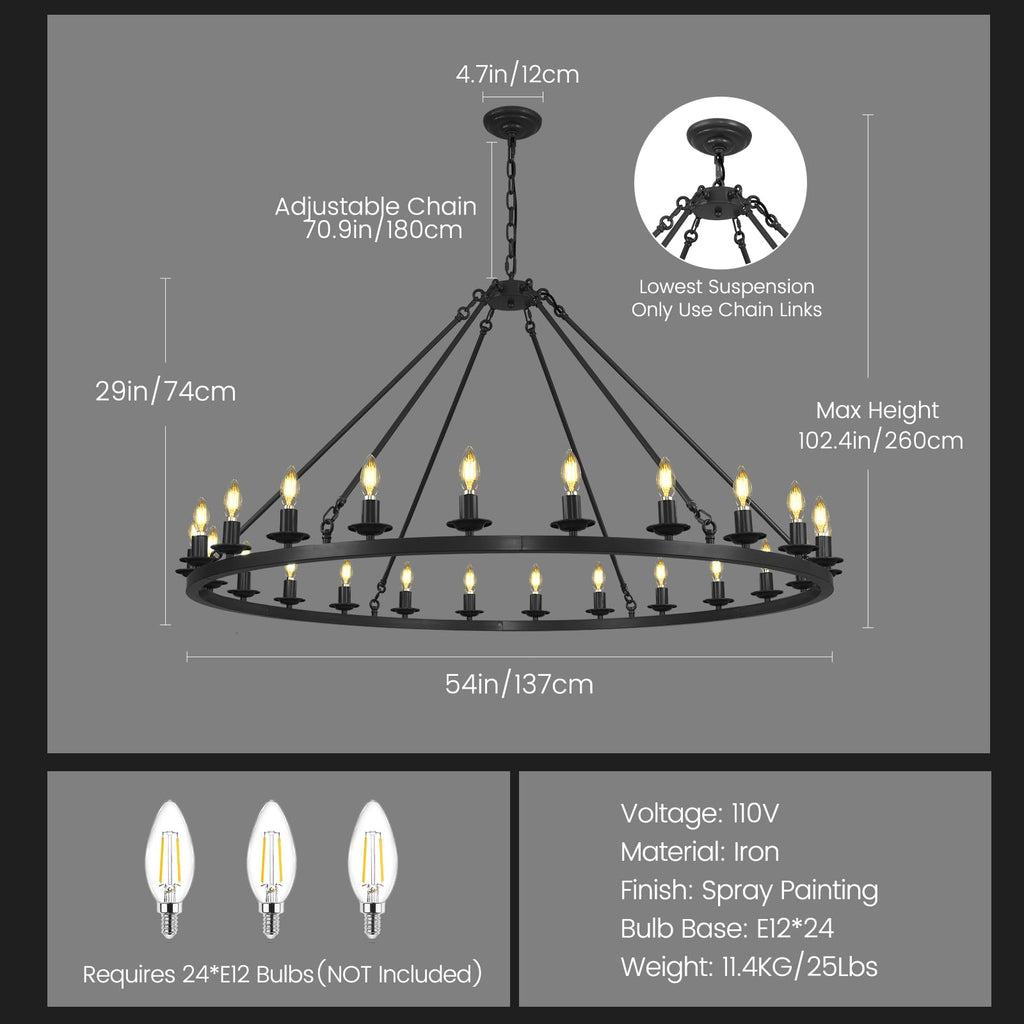 RWOGNLO 54" Black Large Wagon Wheel Chandelier, Farmhouse Round Chandeliers for Dining Room, 24-Light Modern Living Room Chandeliers Ceiling Fixtures for Bedroom, Foyer, Entryway, Staircase, Kitchen