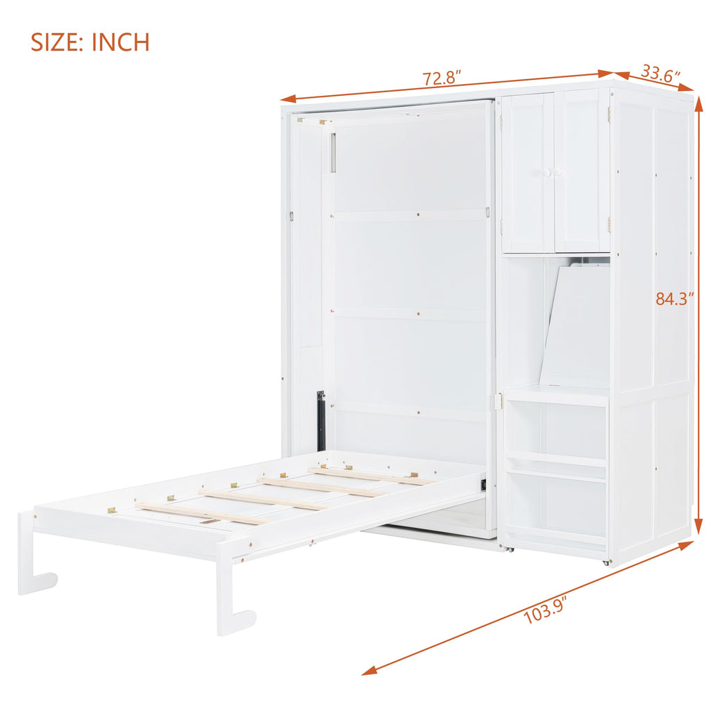 DNYN Rotating Murphy Bed with Top Cabinet and Extendable Desk for Guest/Study Room, Space-Saving Twin Size Wood Foldable Wall Bed Frame with Side Storage Shelf and Bookshelf, No Box Spring Needed