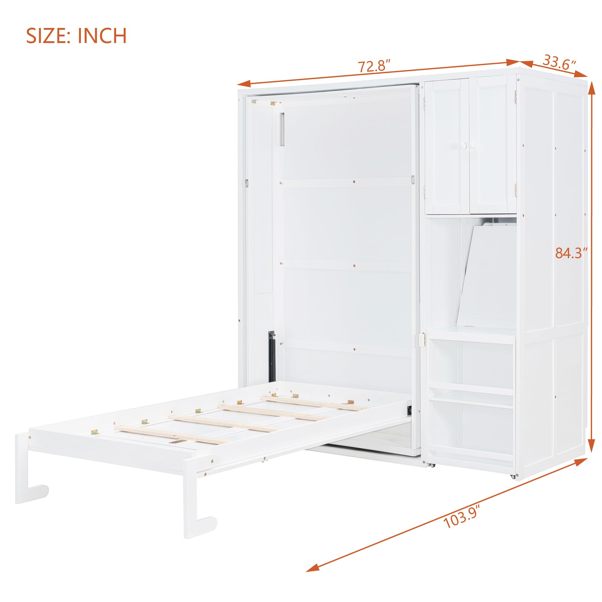 DNYN Rotating Murphy Bed with Top Cabinet and Extendable Desk for Guest/Study Room, Space-Saving Twin Size Wood Foldable Wall Bed Frame with Side Storage Shelf and Bookshelf, No Box Spring Needed