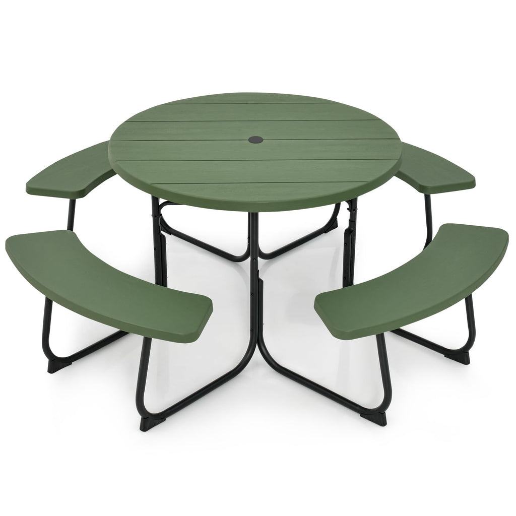 Tangkula 8 Person Picnic Table, Outdoor Round Picnic Table with 4 Built-in Benches, Umbrella Hole, Metal Frame & HDPE Tabletop, Outside Table and Bench Set for Backyard, 2300lbs Weight Capacity
