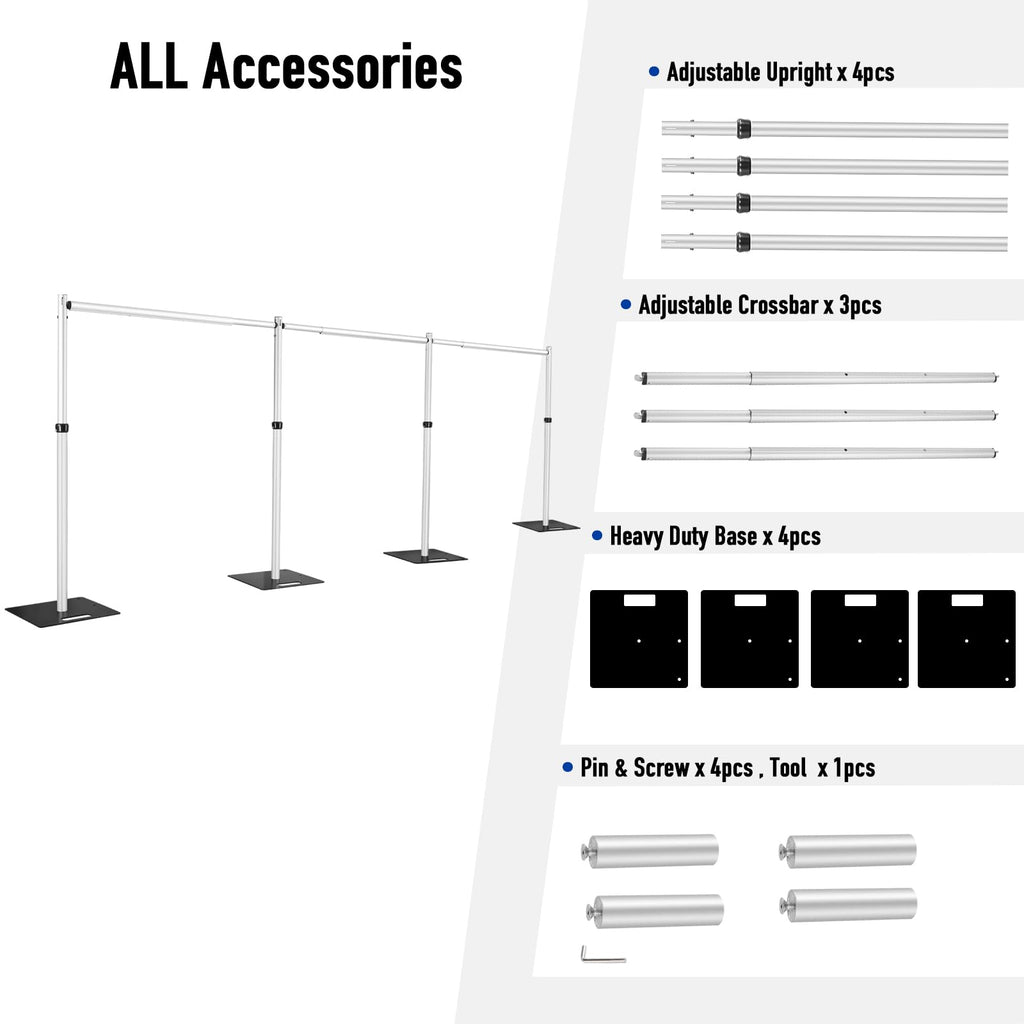 Hecis 10x30Ft Pipe and Drape Stand, Heavy Duty Backdrop Stand, 6-10' Tall x 10-30' Wide Adjustable Pipe and Drape, Backdrop Stand, Aluminium Backdrop Stand for Event,Birthday Party and Wedding Decor