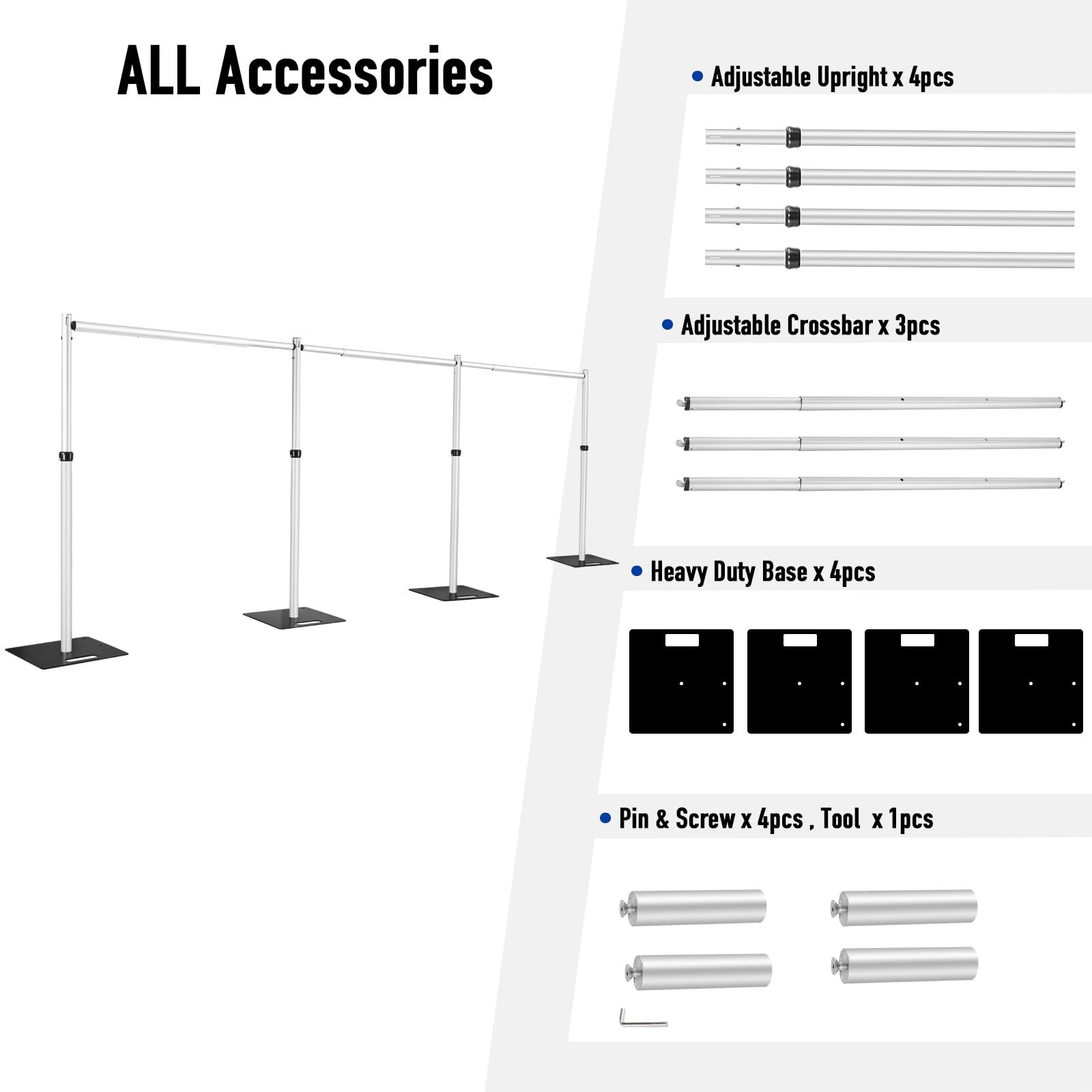 Hecis 10x30Ft Pipe and Drape Stand, Heavy Duty Backdrop Stand, 6-10' Tall x 10-30' Wide Adjustable Pipe and Drape, Backdrop Stand, Aluminium Backdrop Stand for Event,Birthday Party and Wedding Decor